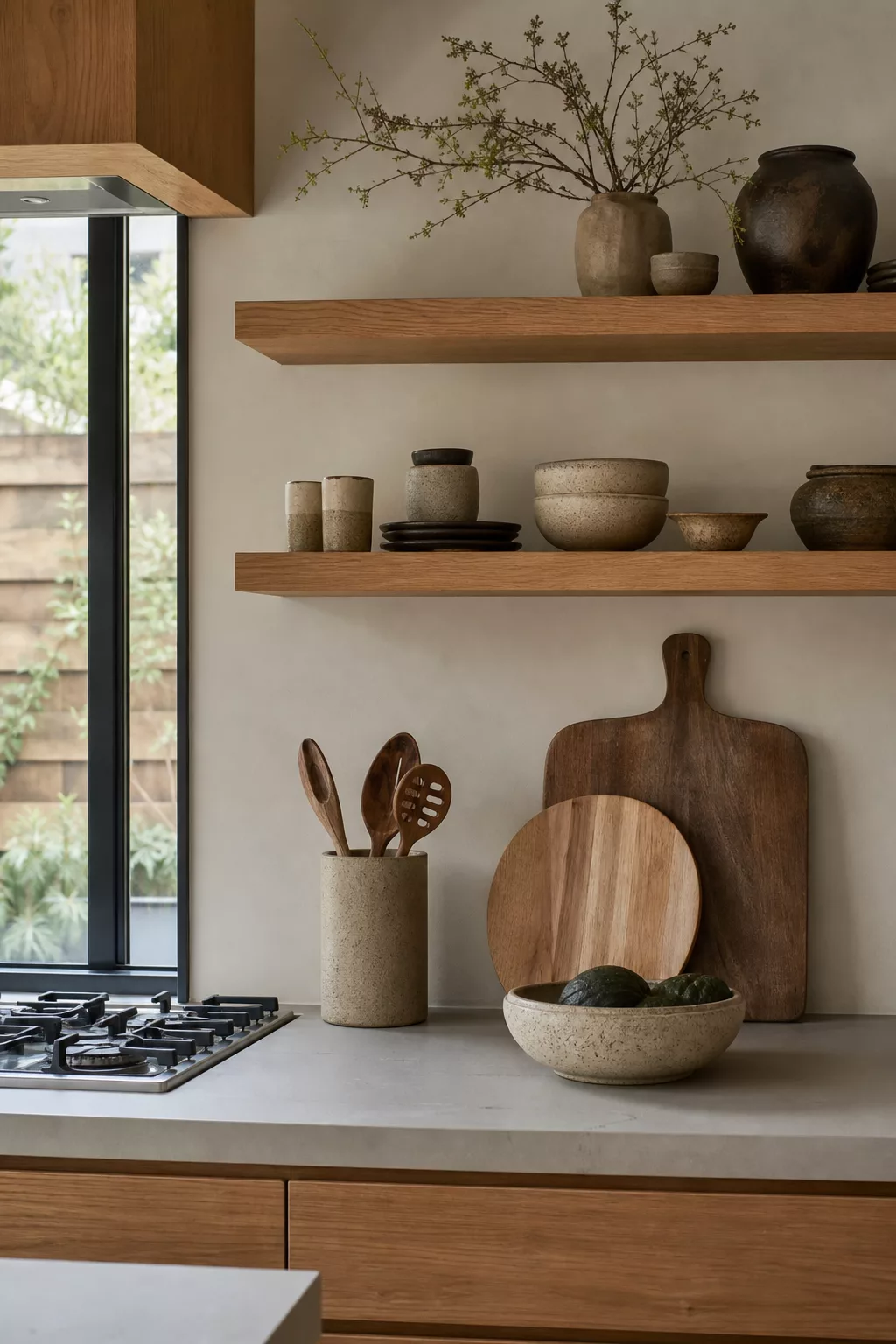 Open wood shelving with handmade ceramics, a modern Japandi kitchen idea