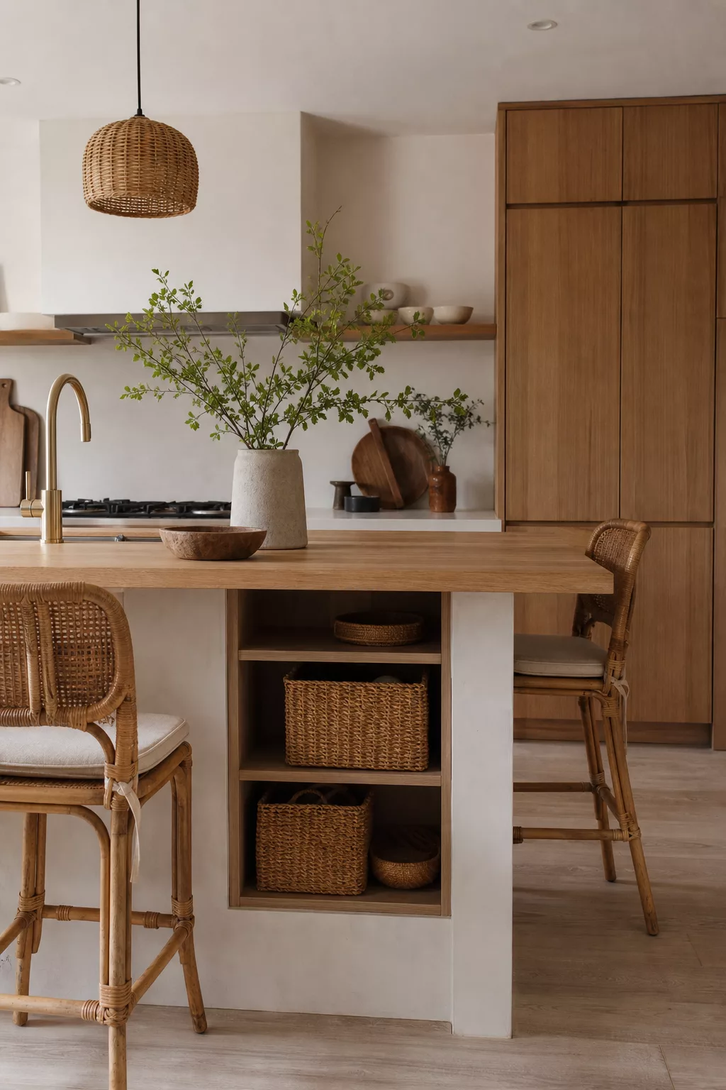 Modern Japandi kitchen ideas with rattan bar stools and woven bamboo storage baskets