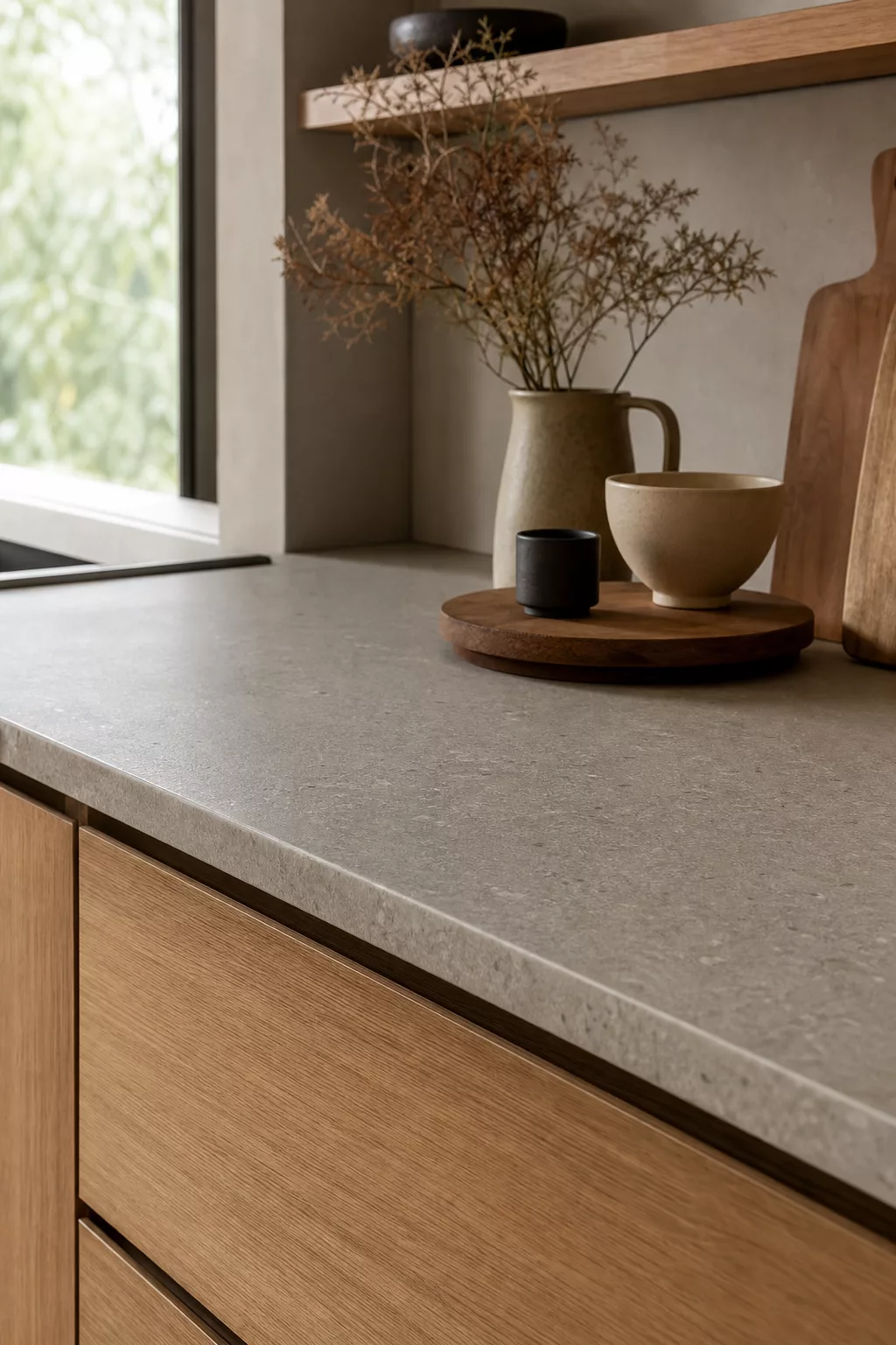 Honed gray stone countertop with oak cabinetry, a modern Japandi kitchen idea