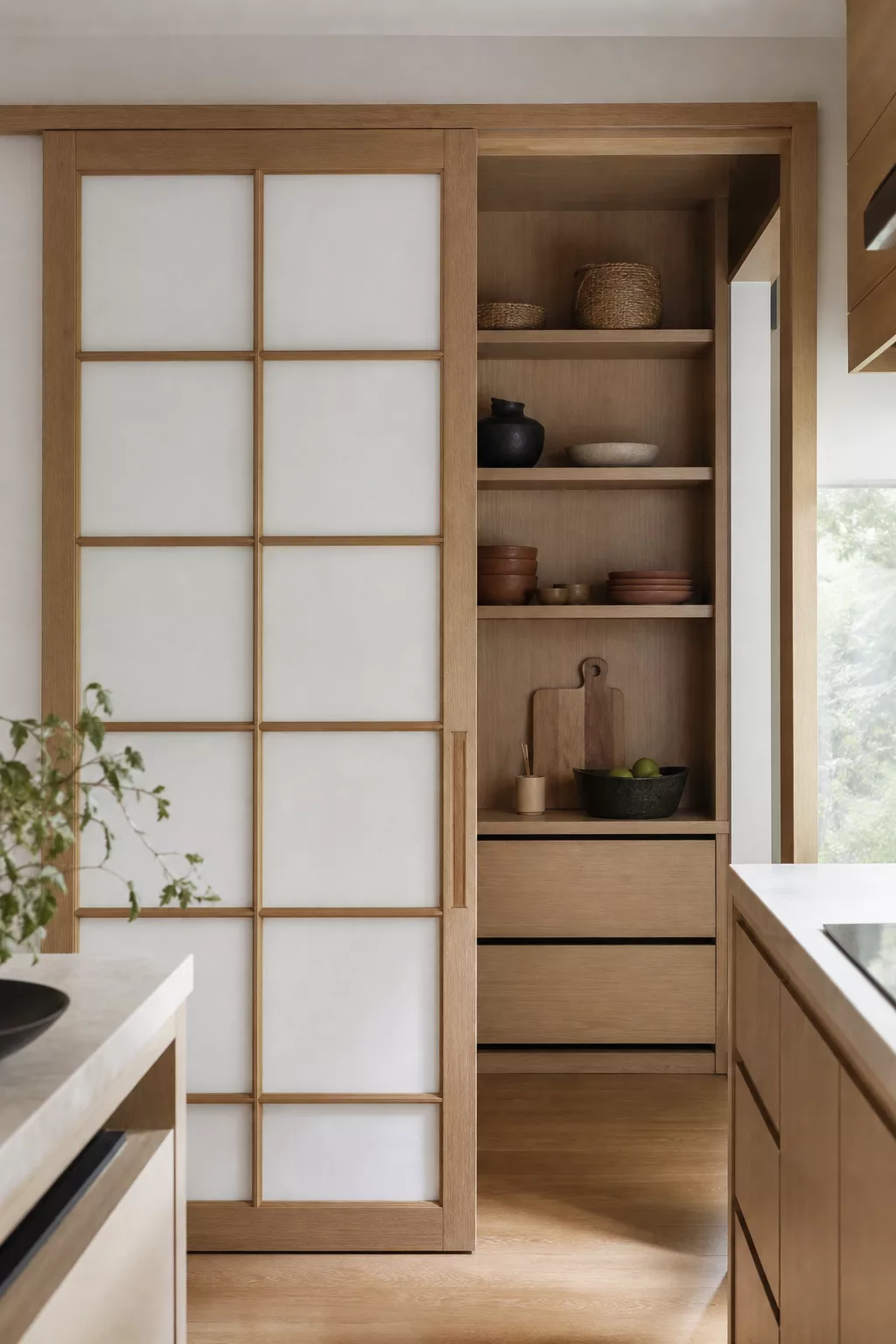Shoji-style sliding pantry doors in a modern Japandi kitchen idea with oak frame