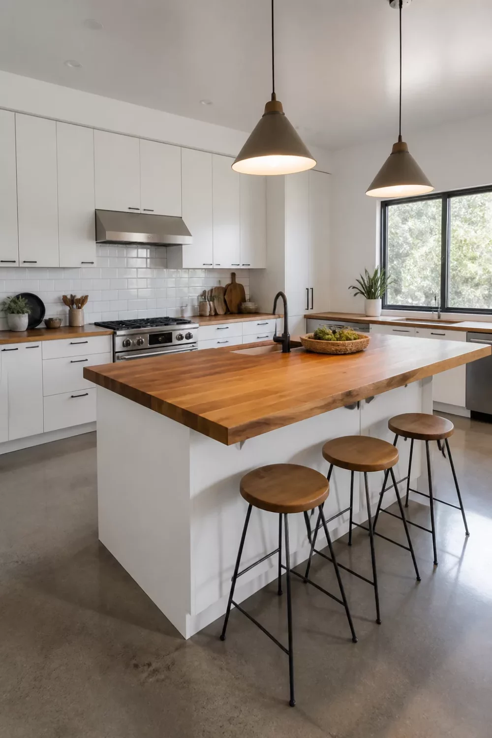 Modern kitchen with wood countertops — butcher block island, white flat-front cabinets, concrete floor, cone pendants