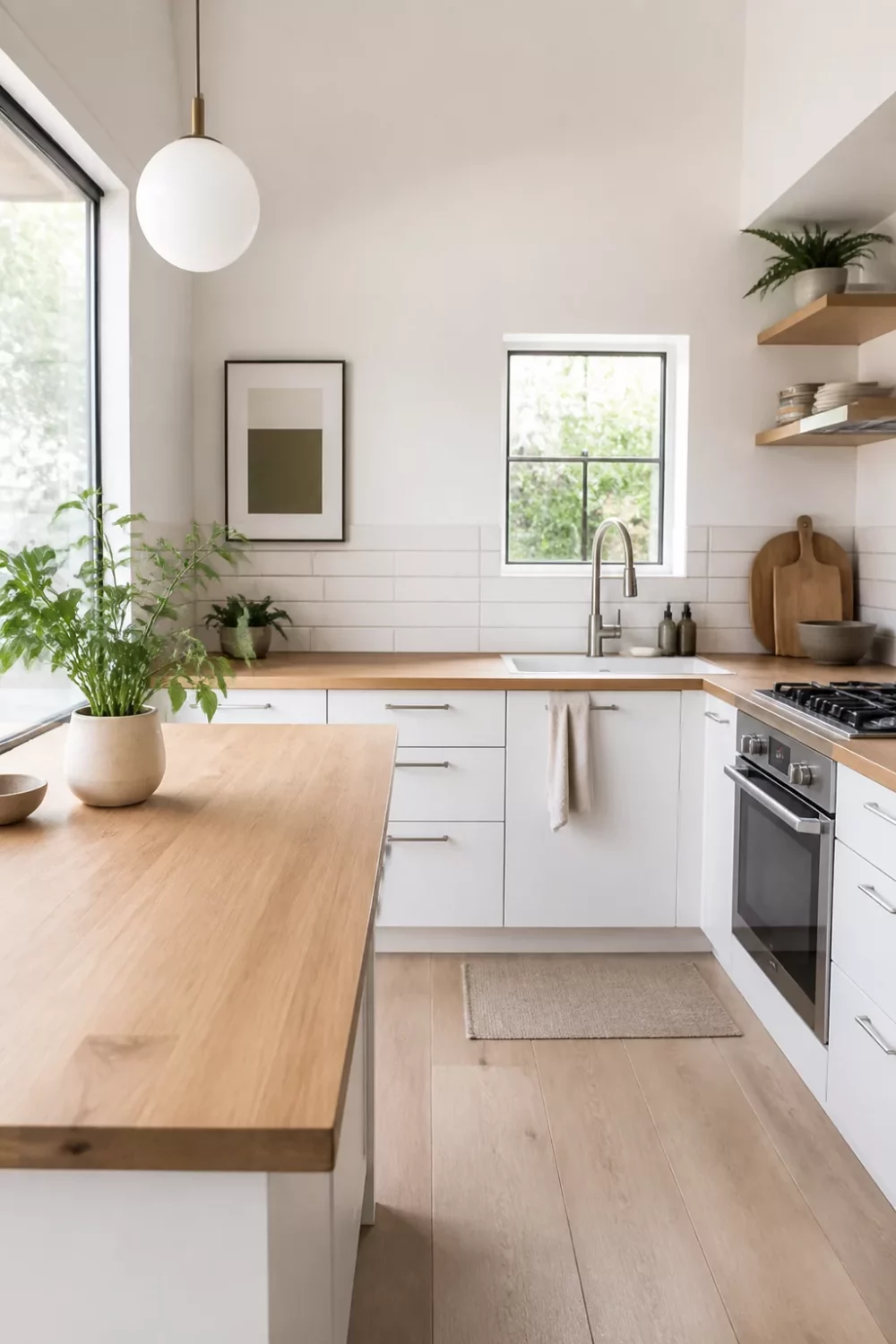 Modern kitchen with wood countertops — white flat-front cabinets, light pine counters, and open shelving in a Scandi layout