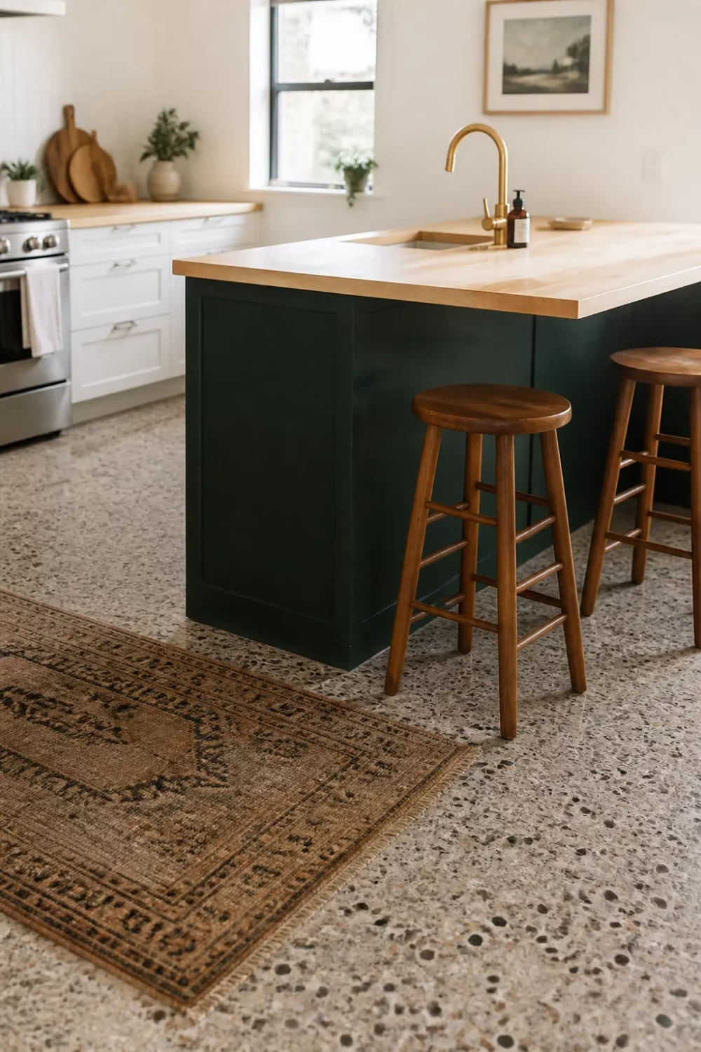 Dark green kitchen island with ash wood countertop and brass faucet — modern kitchen with wood countertops