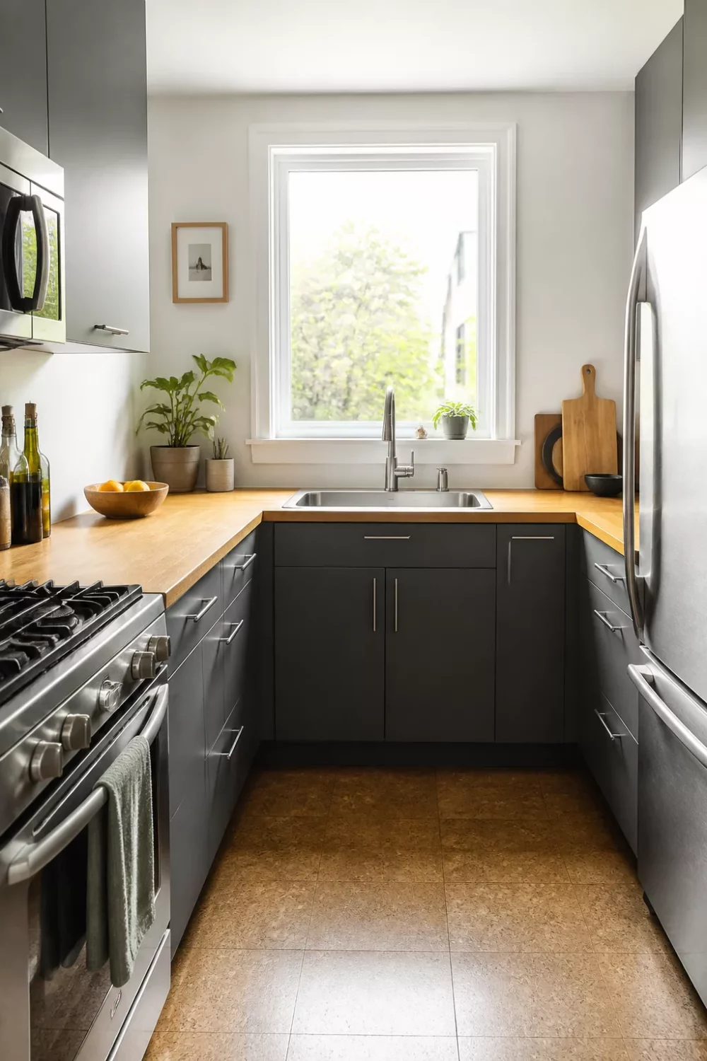 Modern kitchen with wood countertops — dark gray flat-front cabinets, oiled bamboo counters, L-shape layout with cork floor.