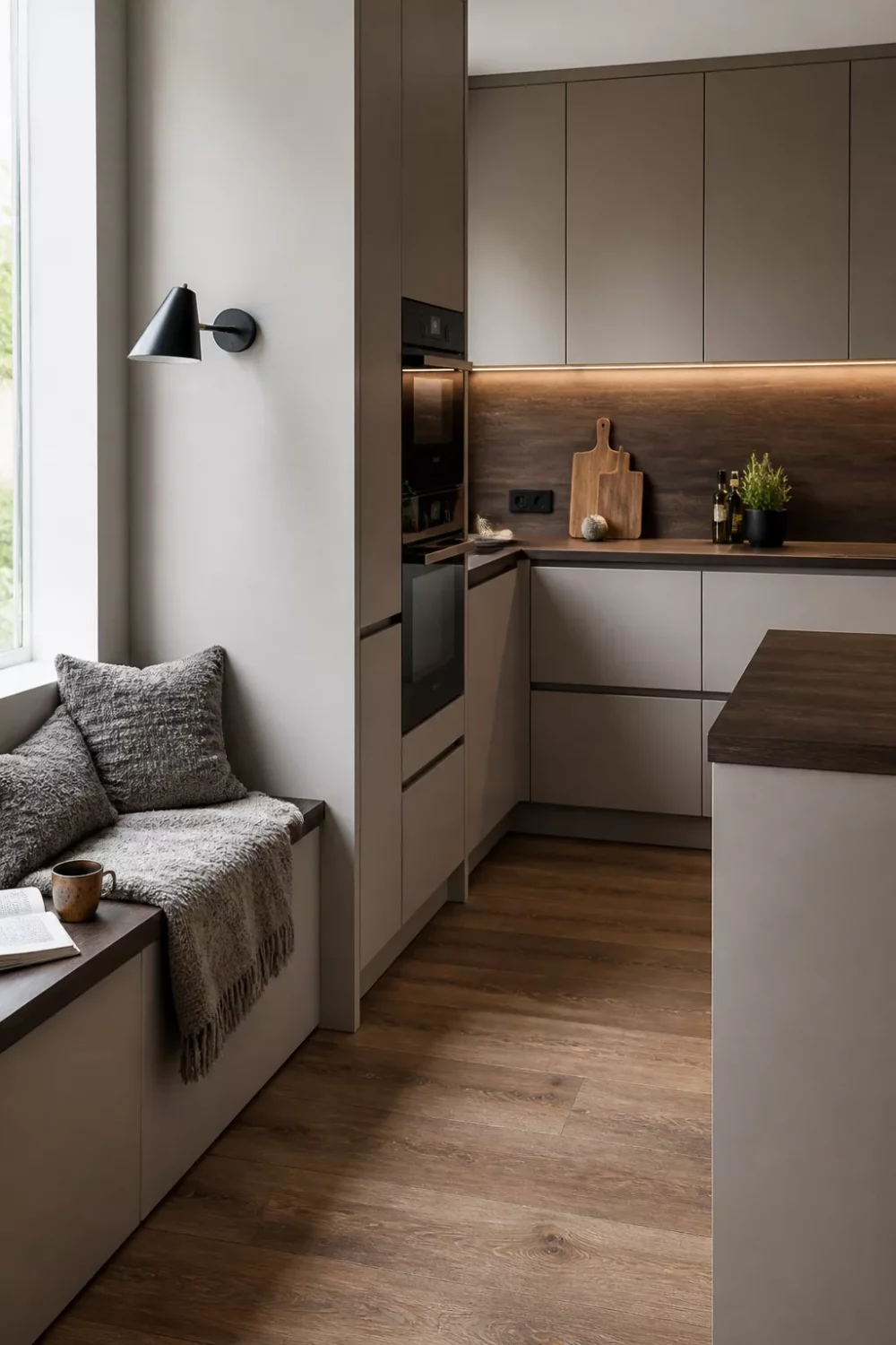 Modern kitchen with wood countertops — handleless taupe cabinets, smoked oak counter, and built-in window bench seating