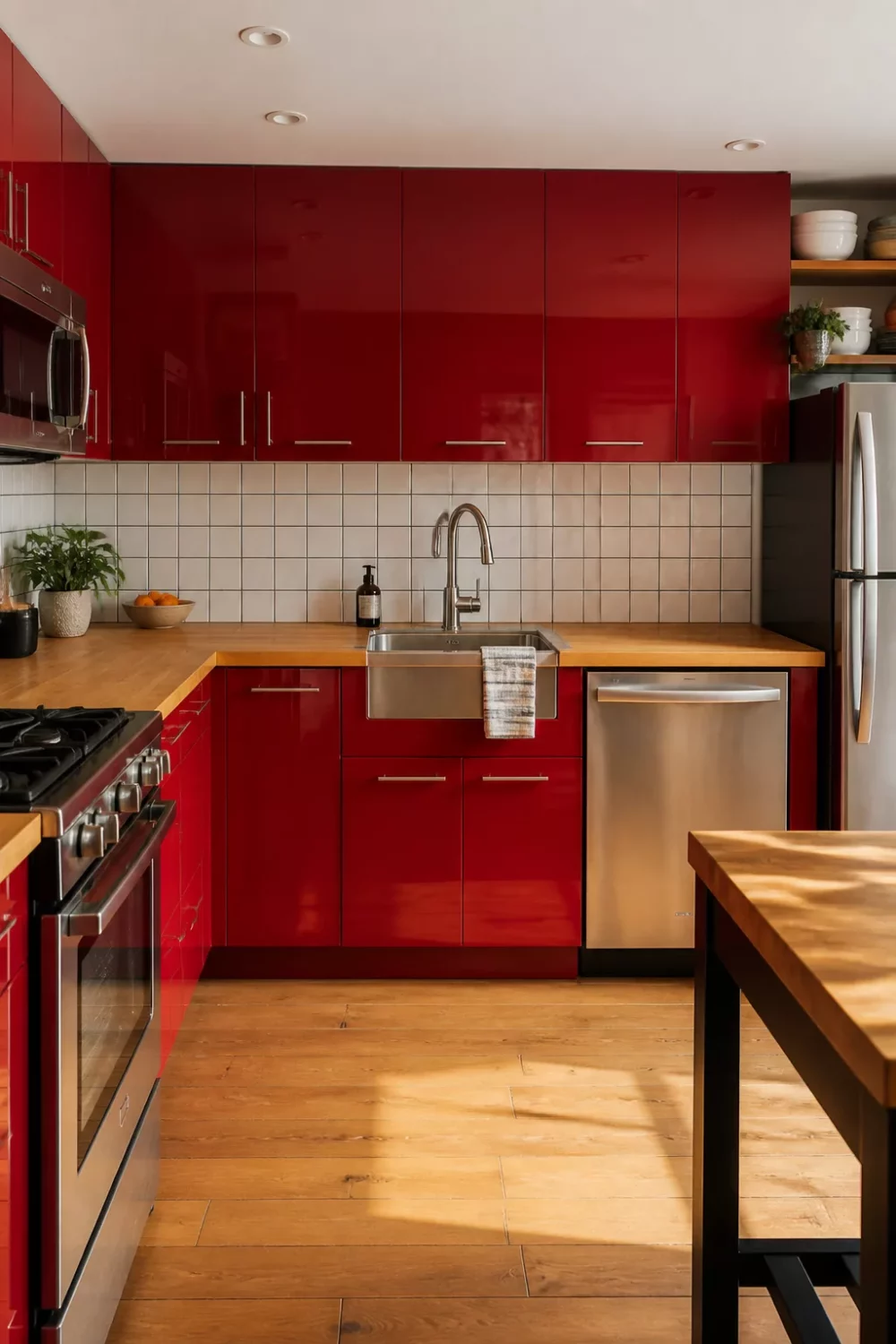 Bold red gloss cabinets with maple butcher block countertops in a modern kitchen with wood countertops