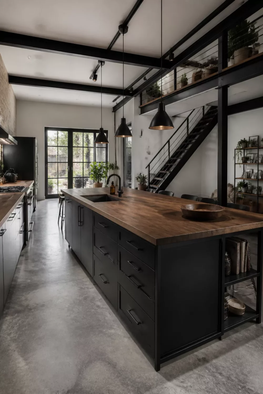 Industrial loft modern kitchen with wood countertops, black steel cabinets, and concrete floors — raw hardwood island.