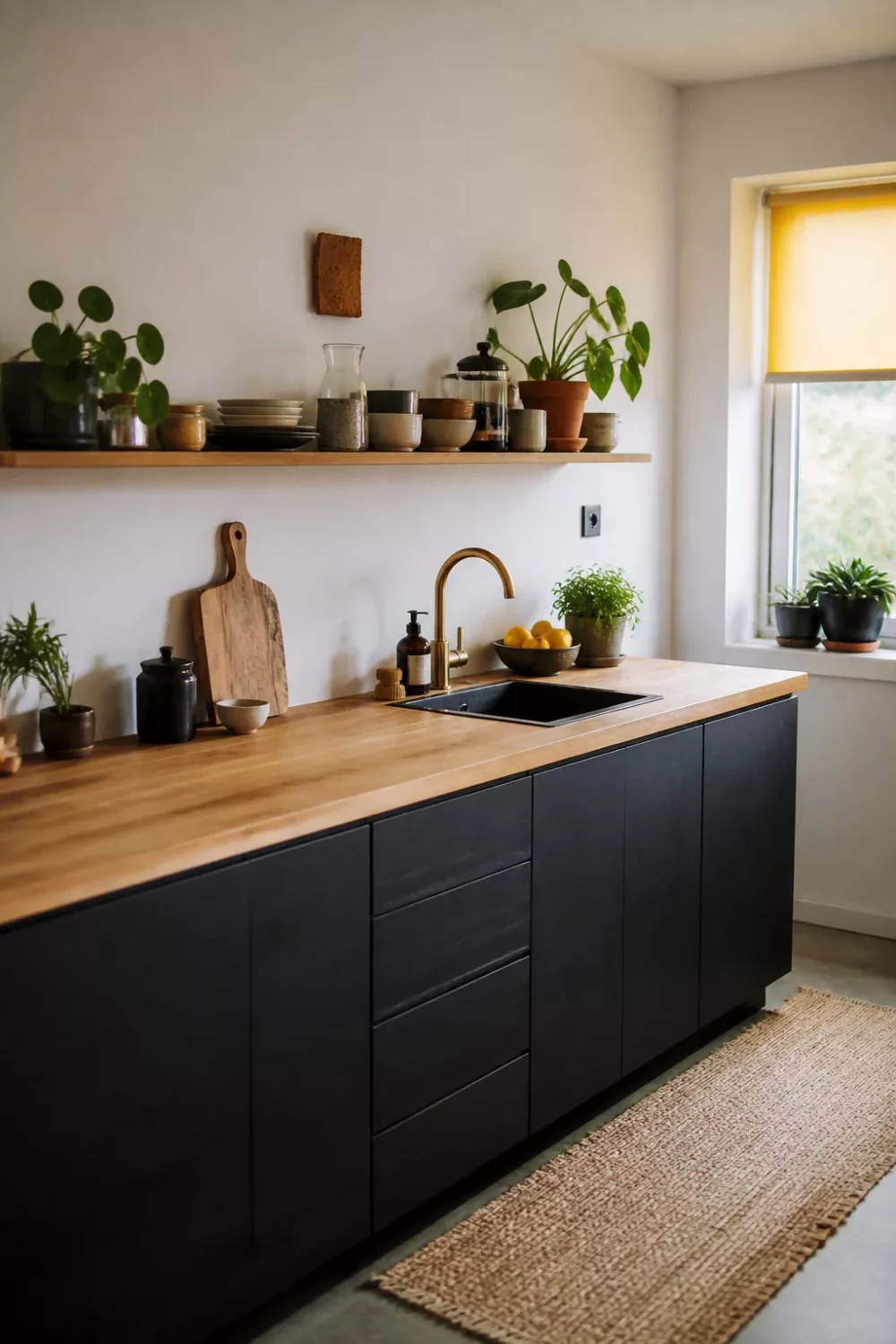 Modern kitchen with wood countertops, matte black flat-front cabinets, brass faucet, and open shelf with plants