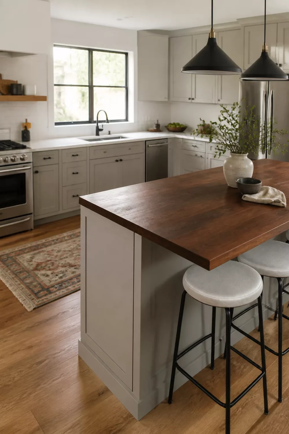Modern kitchen with wood countertops — dark walnut peninsula top, greige shaker cabinets, black pendant lights