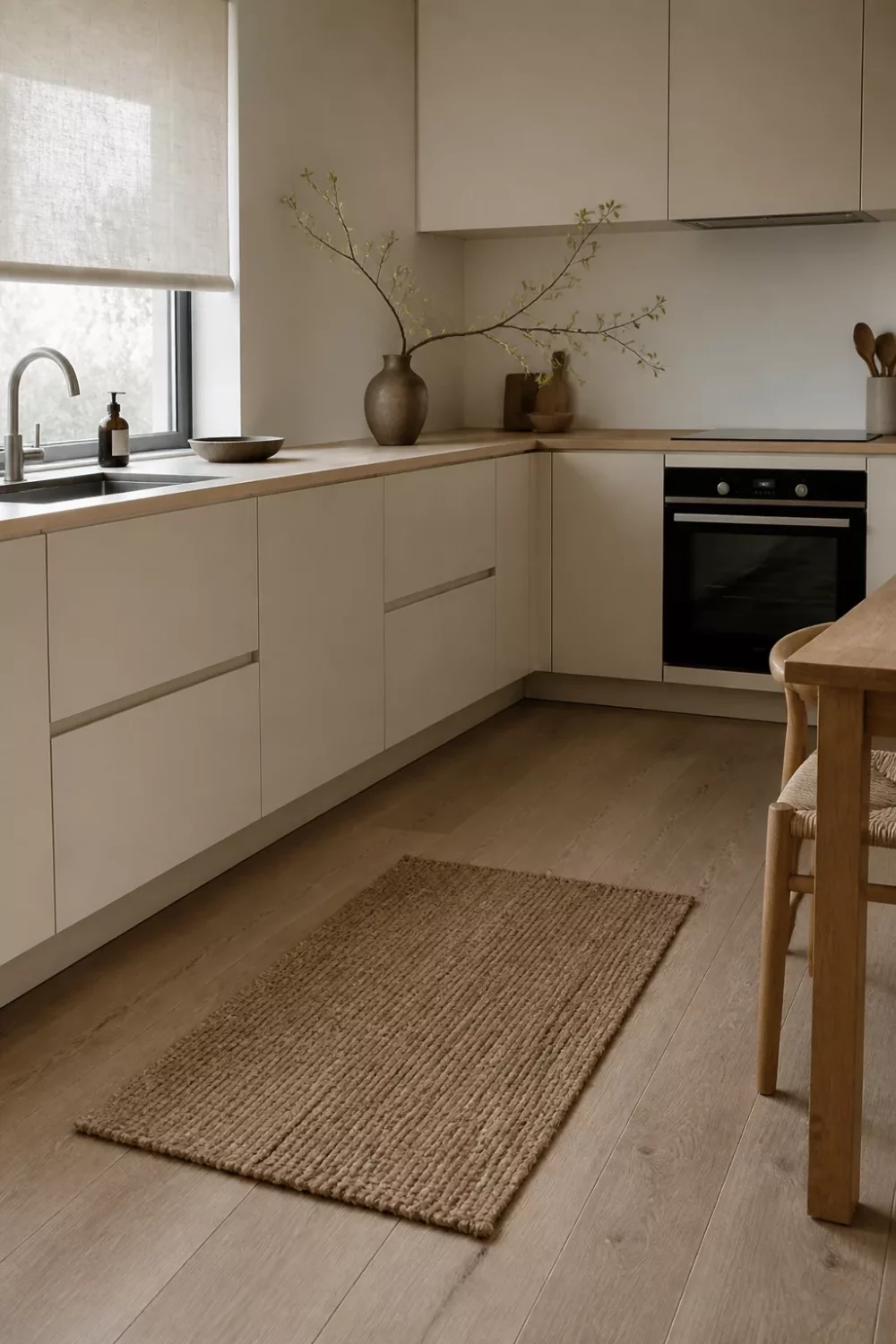 Modern kitchen with wood countertops — handleless cream cabinets, unfinished white oak counter, jute rug, Japandi style