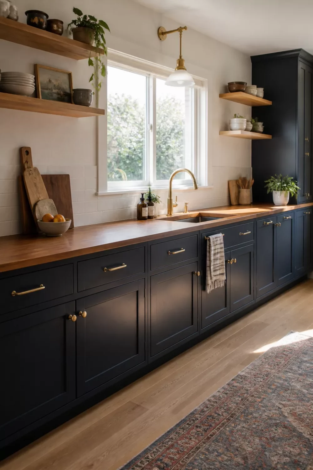 Modern kitchen with wood countertops, navy shaker cabinets, brass hardware, and open wood shelves above