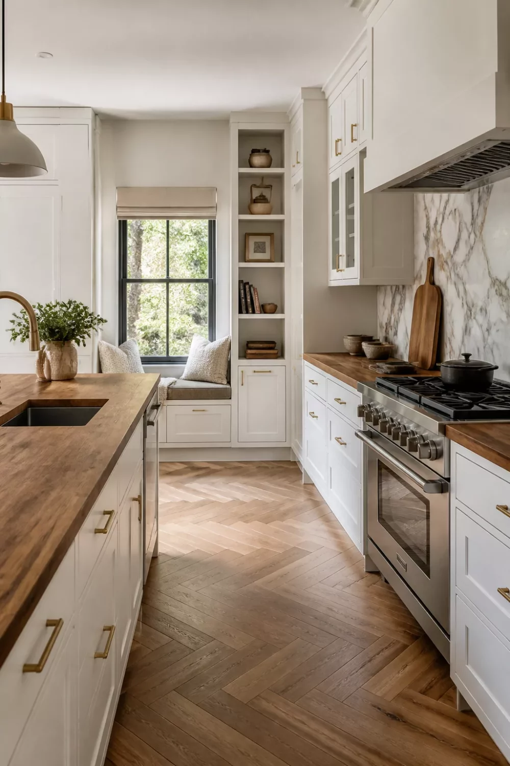 Modern kitchen with wood countertops, white shaker cabinets, marble backsplash, and herringbone parquet floor