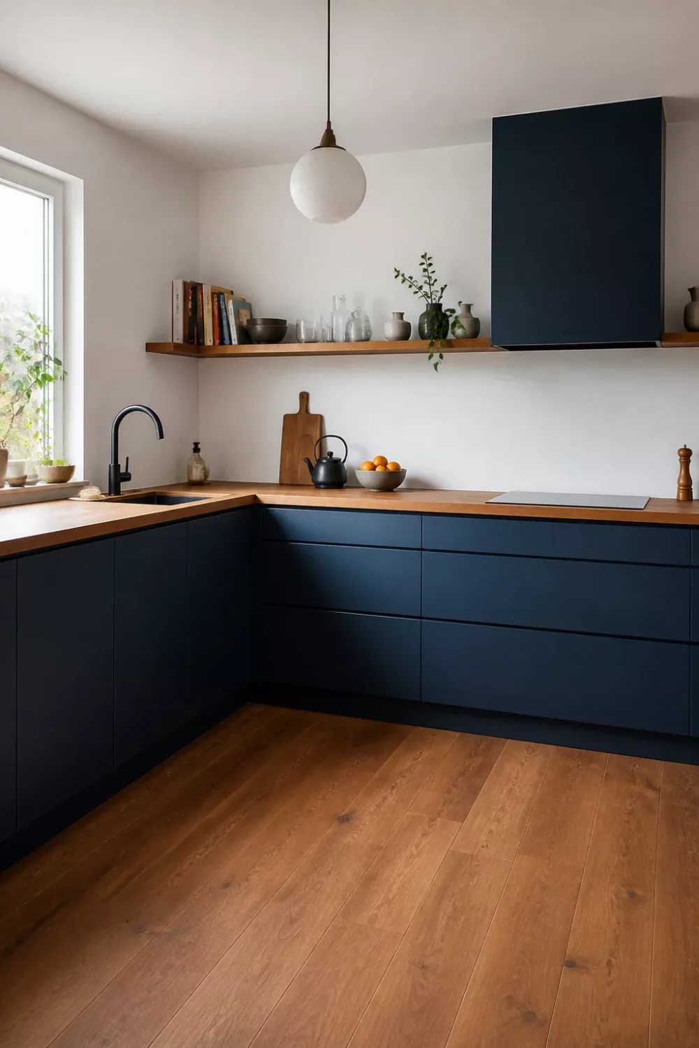 Modern kitchen with wood countertops wrapping a corner, navy flat-front cabinets, floating shelves, and globe pendant light.