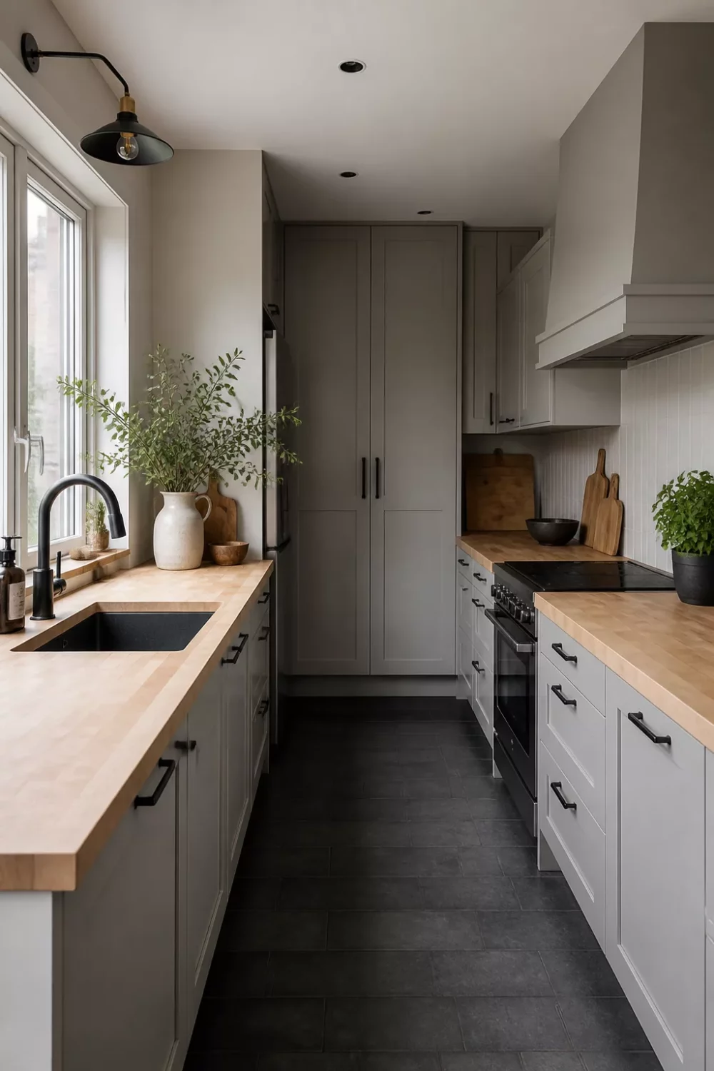 Gray shaker galley kitchen with warm wood countertops and black hardware — modern kitchens with wood countertops