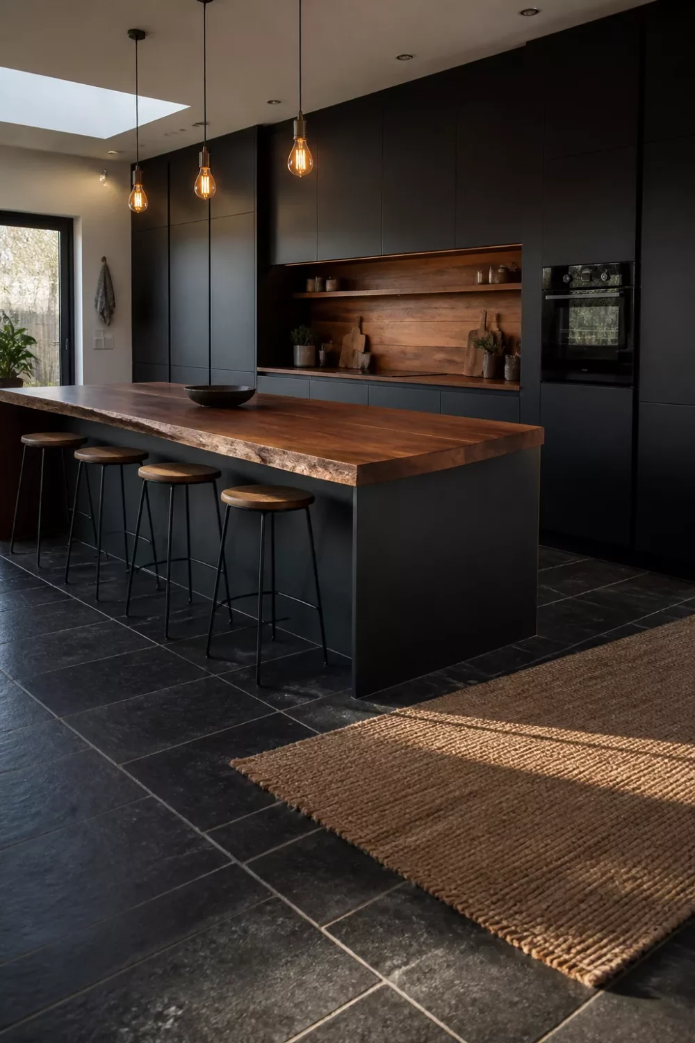 Modern kitchen with wood countertops — live-edge walnut slab island with matte black cabinets and Edison pendants