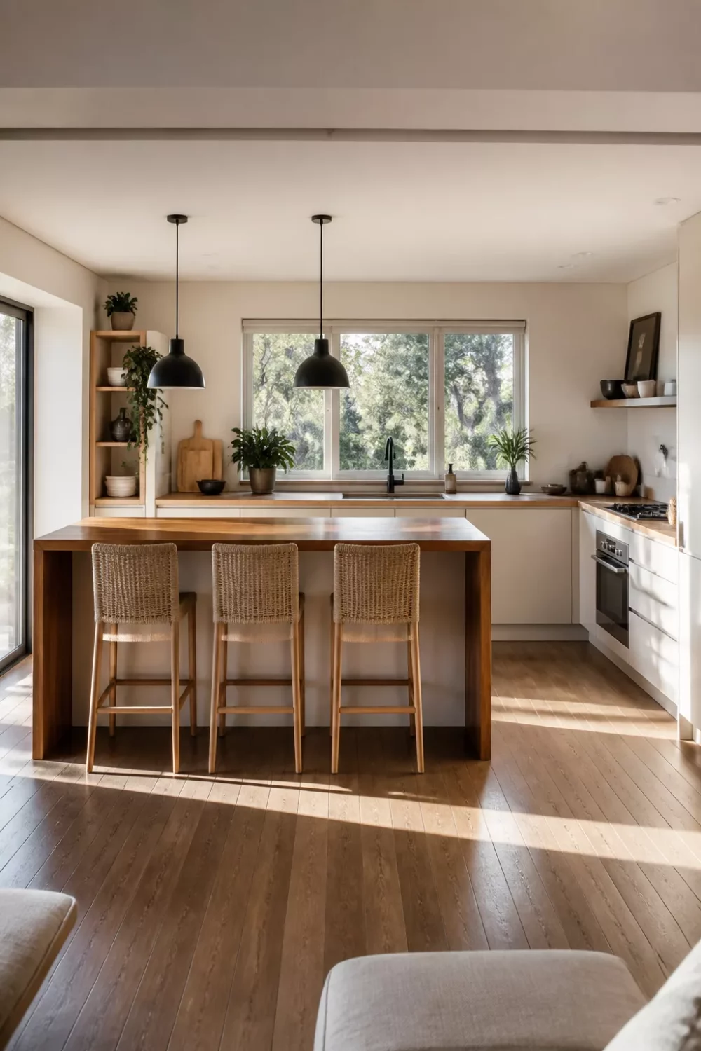 Open-plan modern kitchen with wood countertops — teak waterfall island, woven stools & black pendant lights