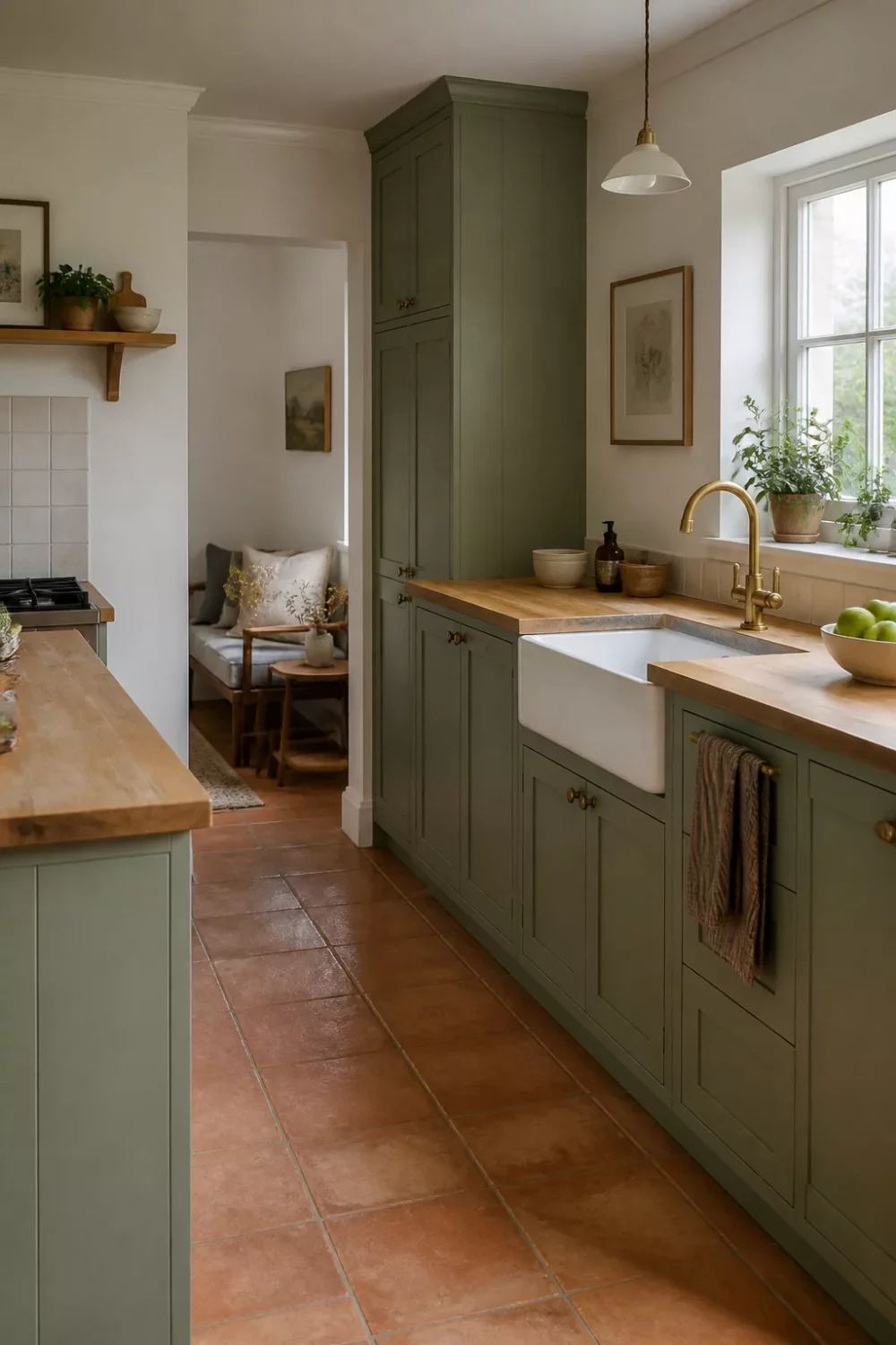 Modern kitchen with wood countertops, sage green shaker cabinets, brass faucet, and terracotta floor tiles