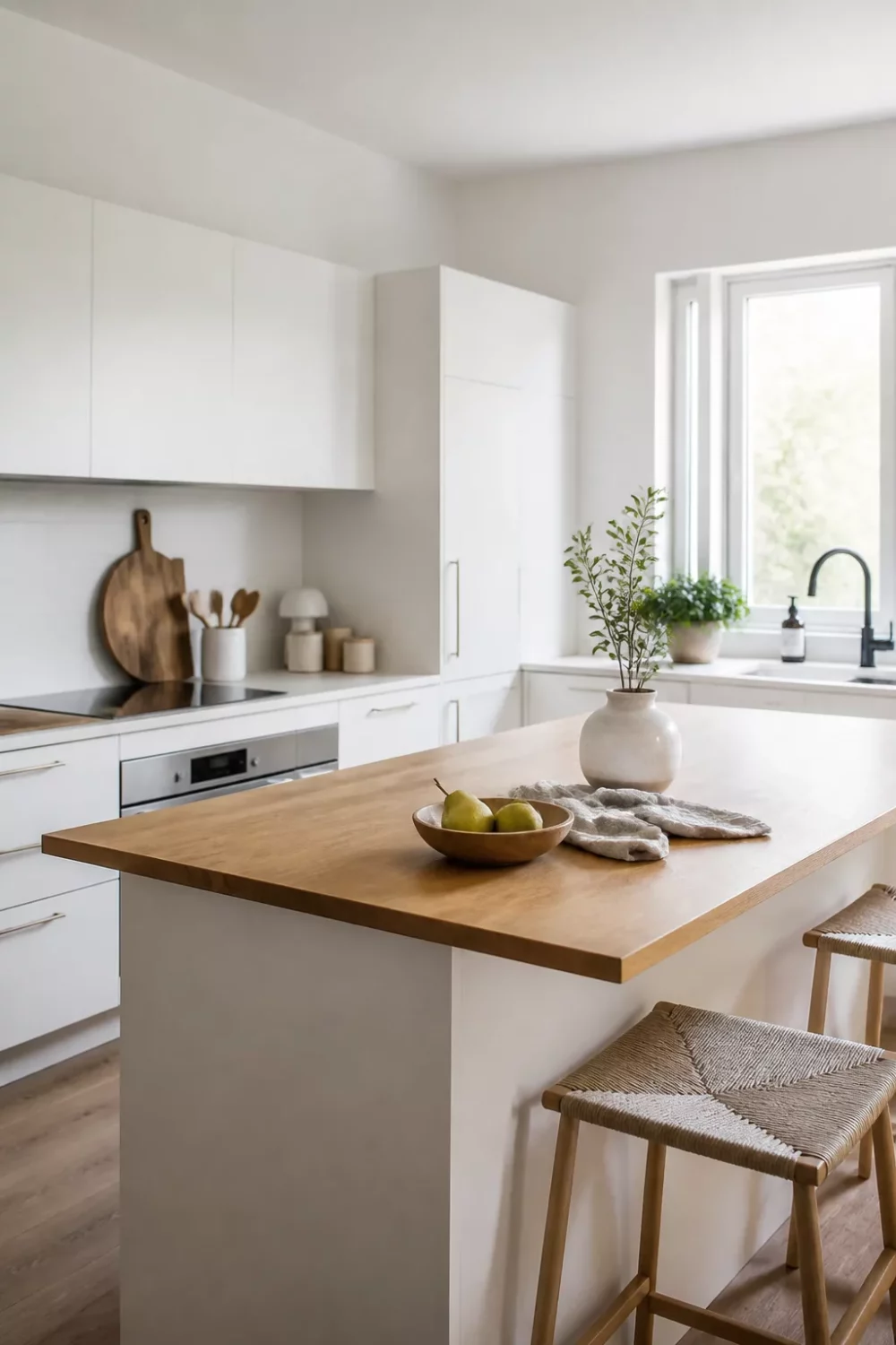 Modern kitchen with wood countertops — all-white handleless cabinets with warm oak island top and woven bar stools