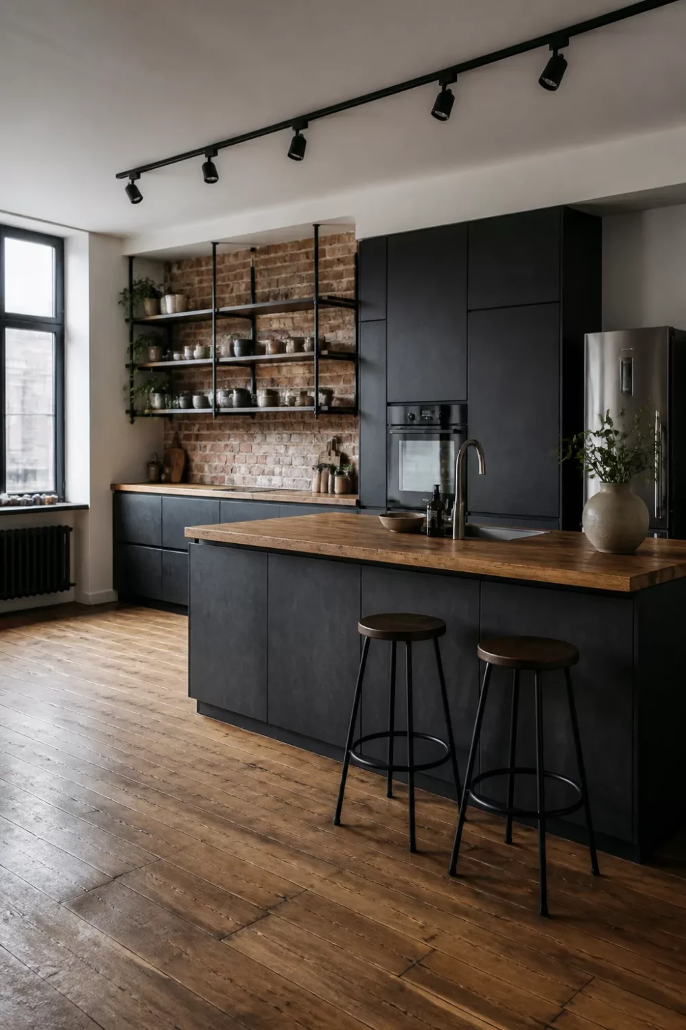 Modern kitchen with wood countertops — charcoal concrete cabinets, reclaimed wood island counter, and exposed brick backsplash