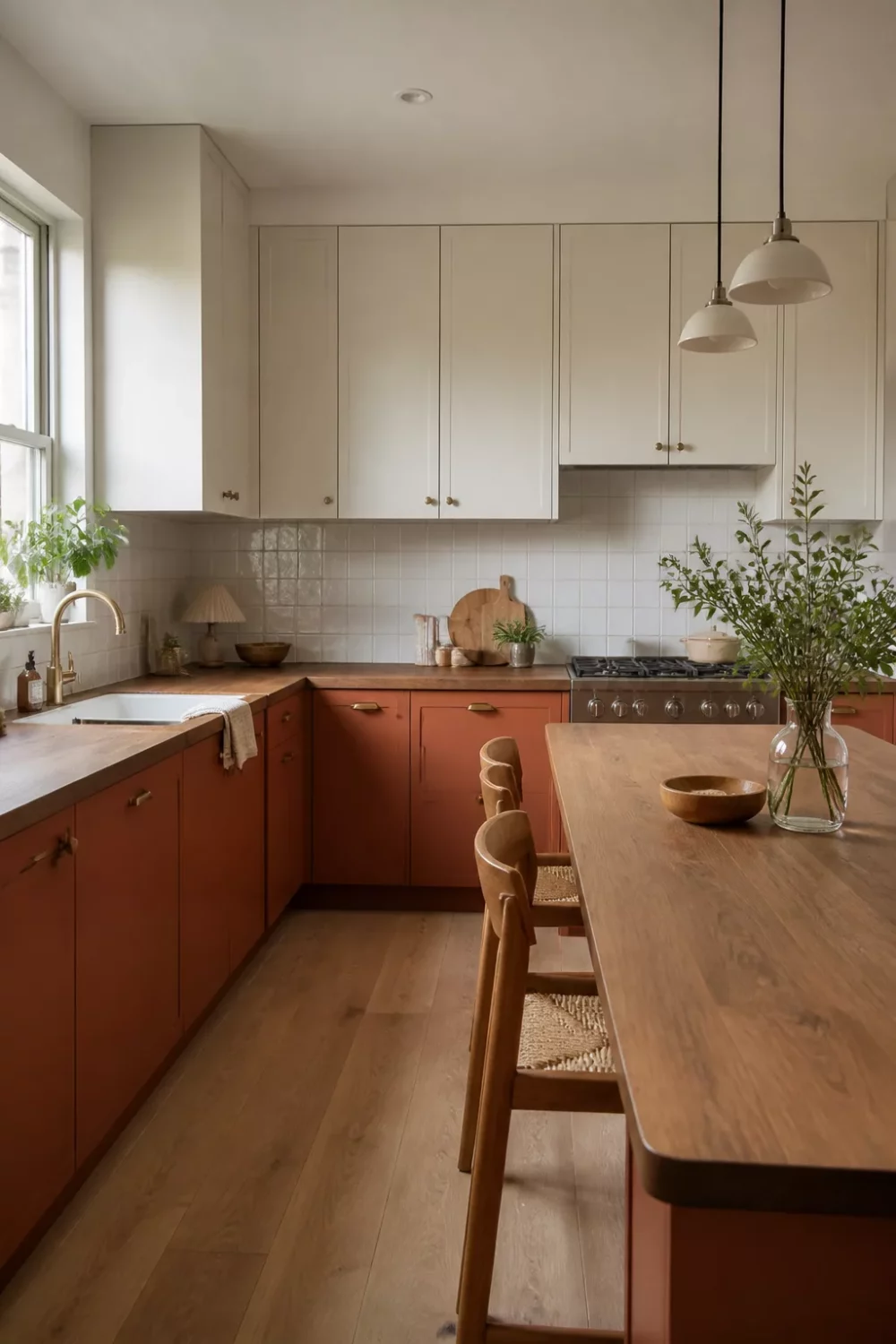 Modern kitchen with wood countertops on terracotta lower cabinets paired with cream uppers and brass hardware.