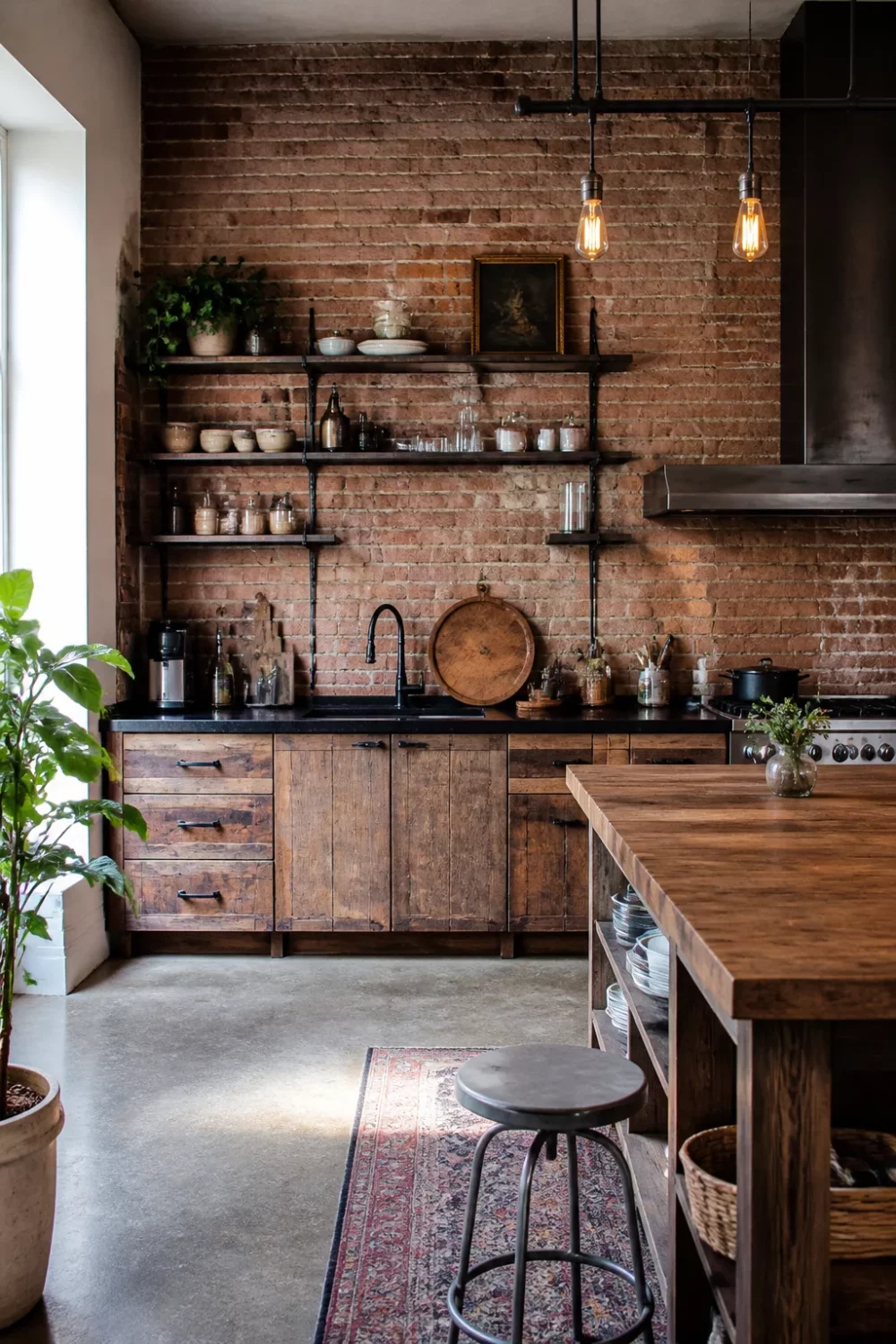 Rustic industrial kitchen design with exposed brick wall, black open shelving, and reclaimed wood cabinets