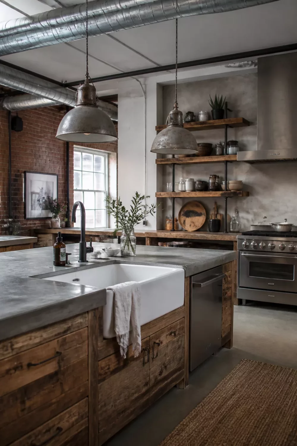 Rustic industrial kitchen design with exposed silver ductwork, aged metal dome pendants, and a reclaimed wood island.