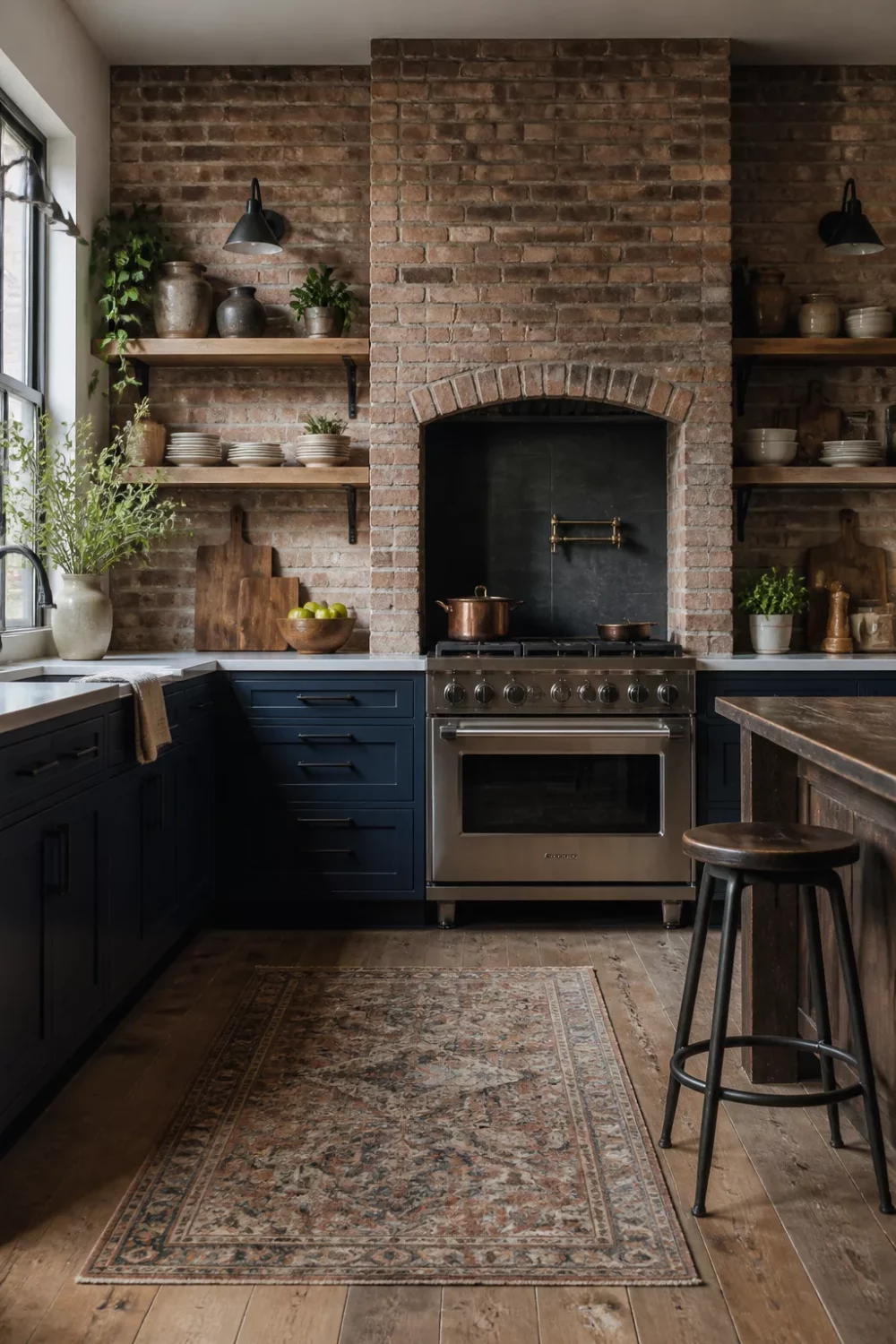 Rustic industrial kitchen design with navy cabinets, arched brick range alcove, open wood shelves, and vintage runner rug.