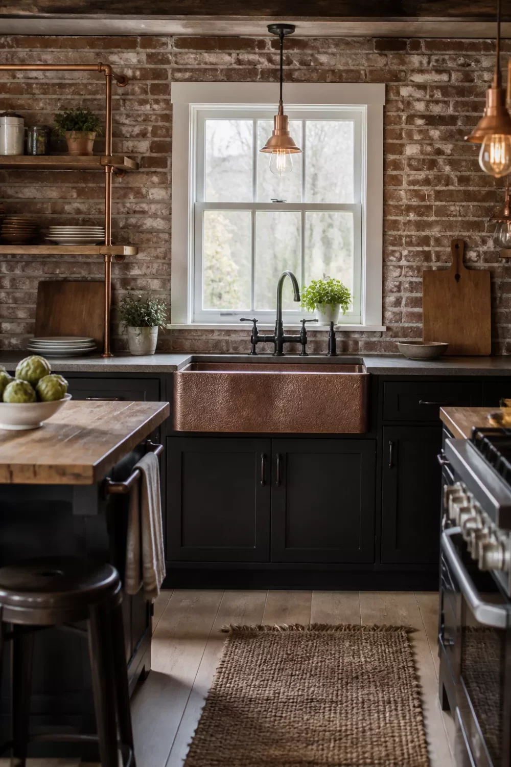 Rustic industrial kitchen design with hammered copper farmhouse sink, dark cabinets, and exposed brick wall