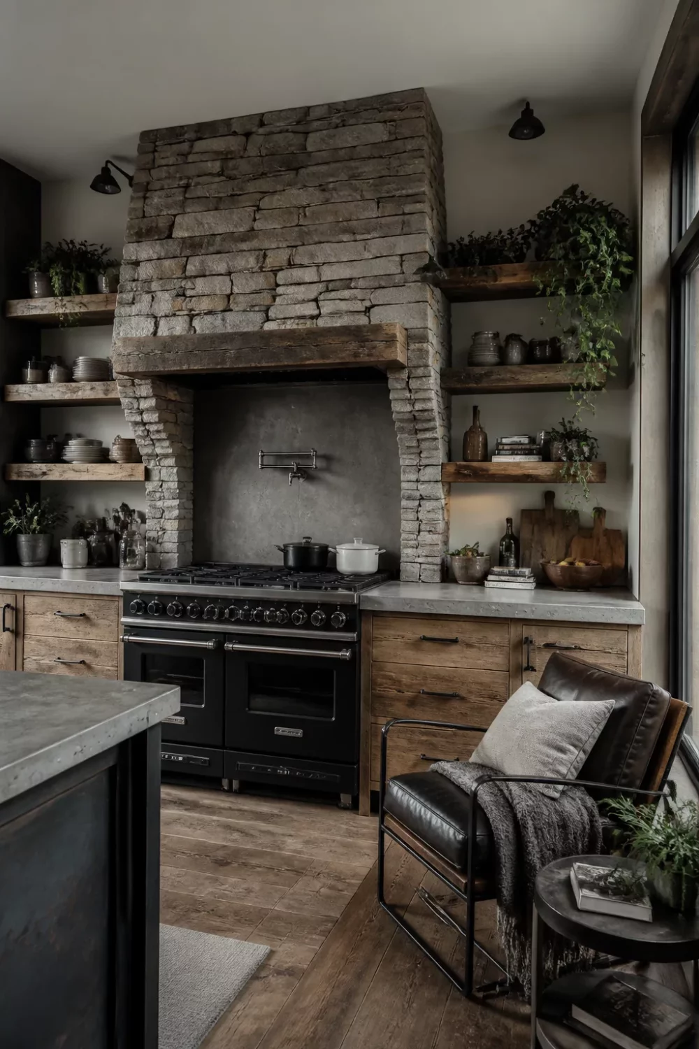 Rustic industrial kitchen design with stacked stone range hood, black range, and raw wood floating shelves