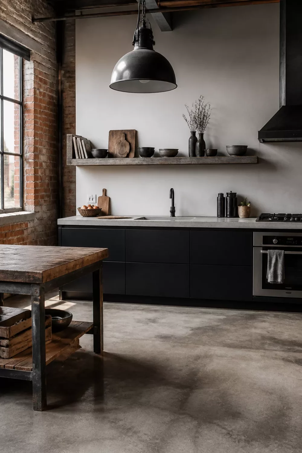 Rustic industrial kitchen design with matte black cabinets, concrete worktop, floating shelf and weathered wood prep table