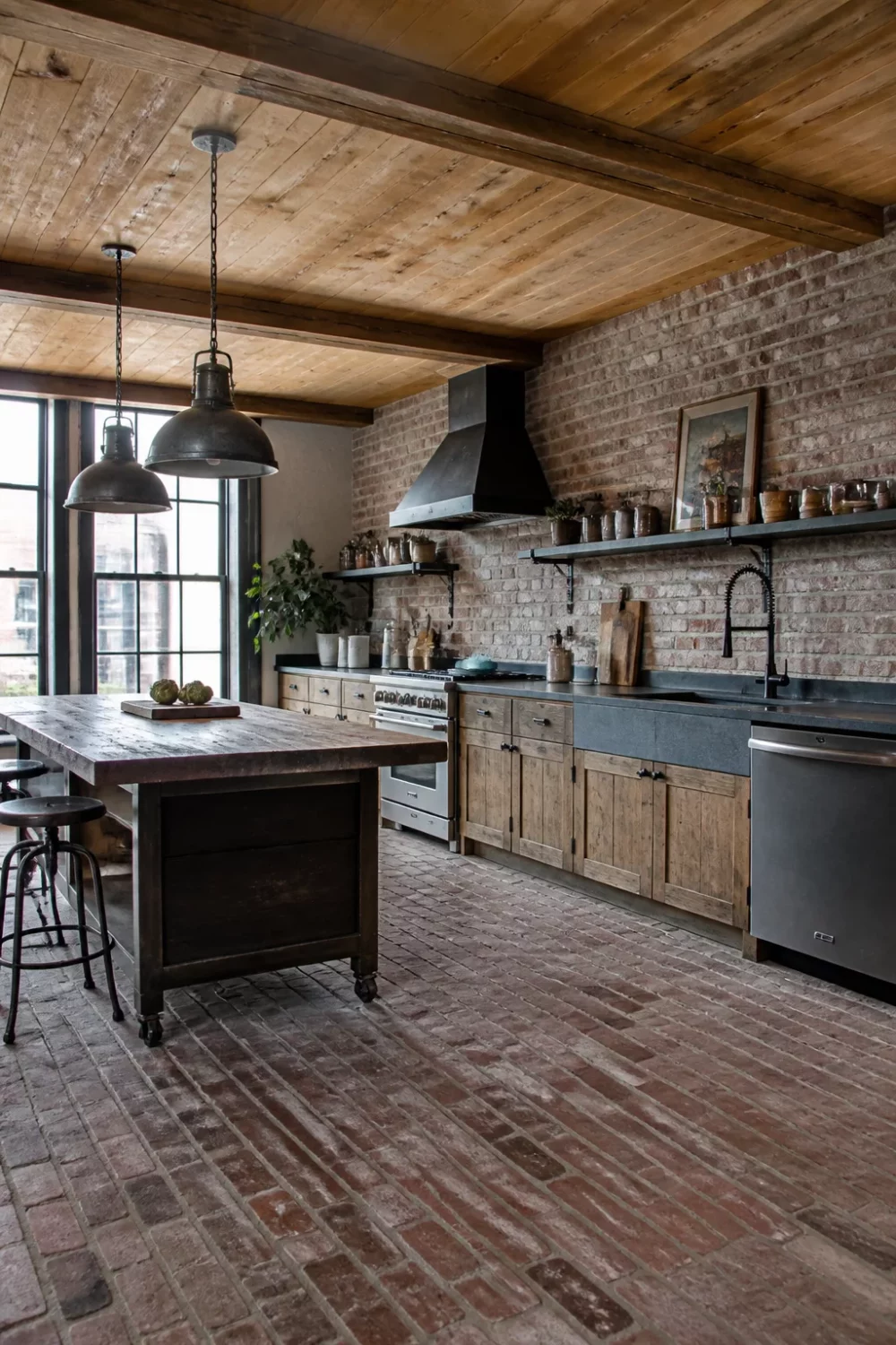 Rustic industrial kitchen design with reclaimed brick floors, wood plank ceiling, oak cabinets and black slate countertops