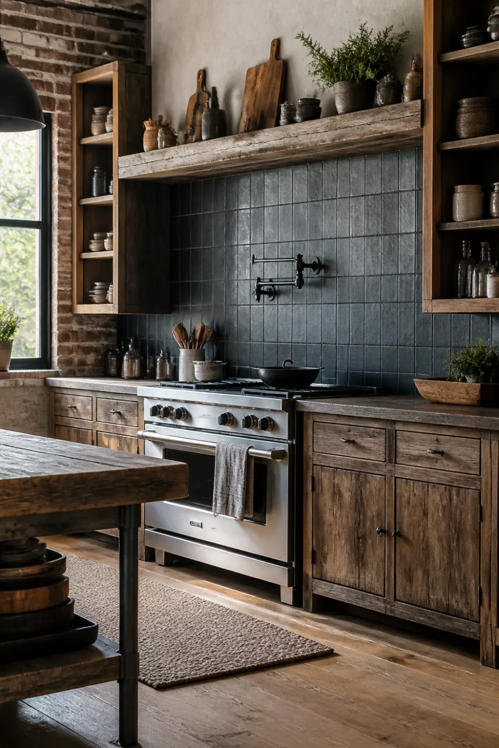 Rustic industrial kitchen design with slate grid tile backsplash, pot-filler fixture, and reclaimed wood cabinets