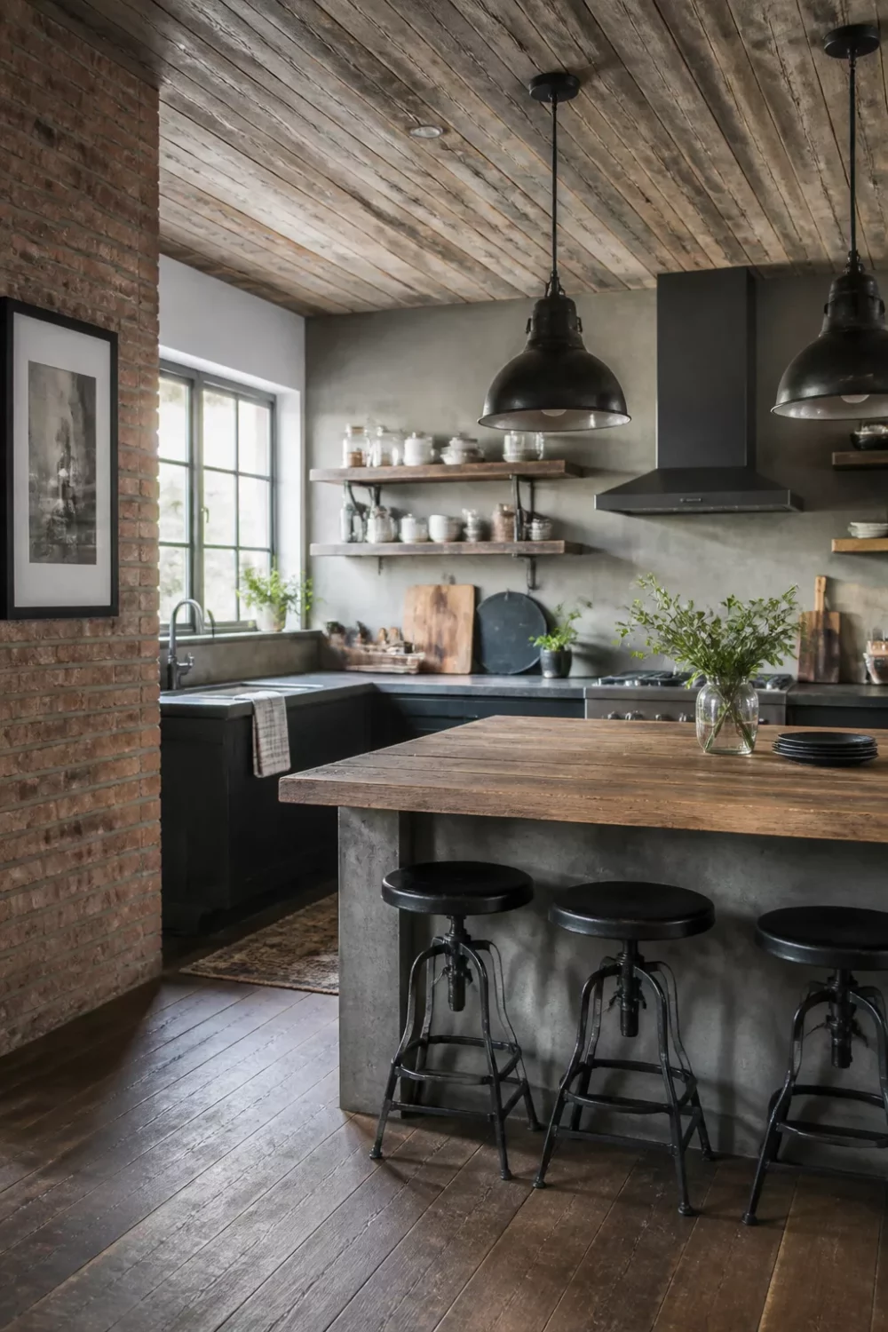Rustic industrial kitchen design with salvaged wood ceiling planks, concrete island, and matte black pendants.