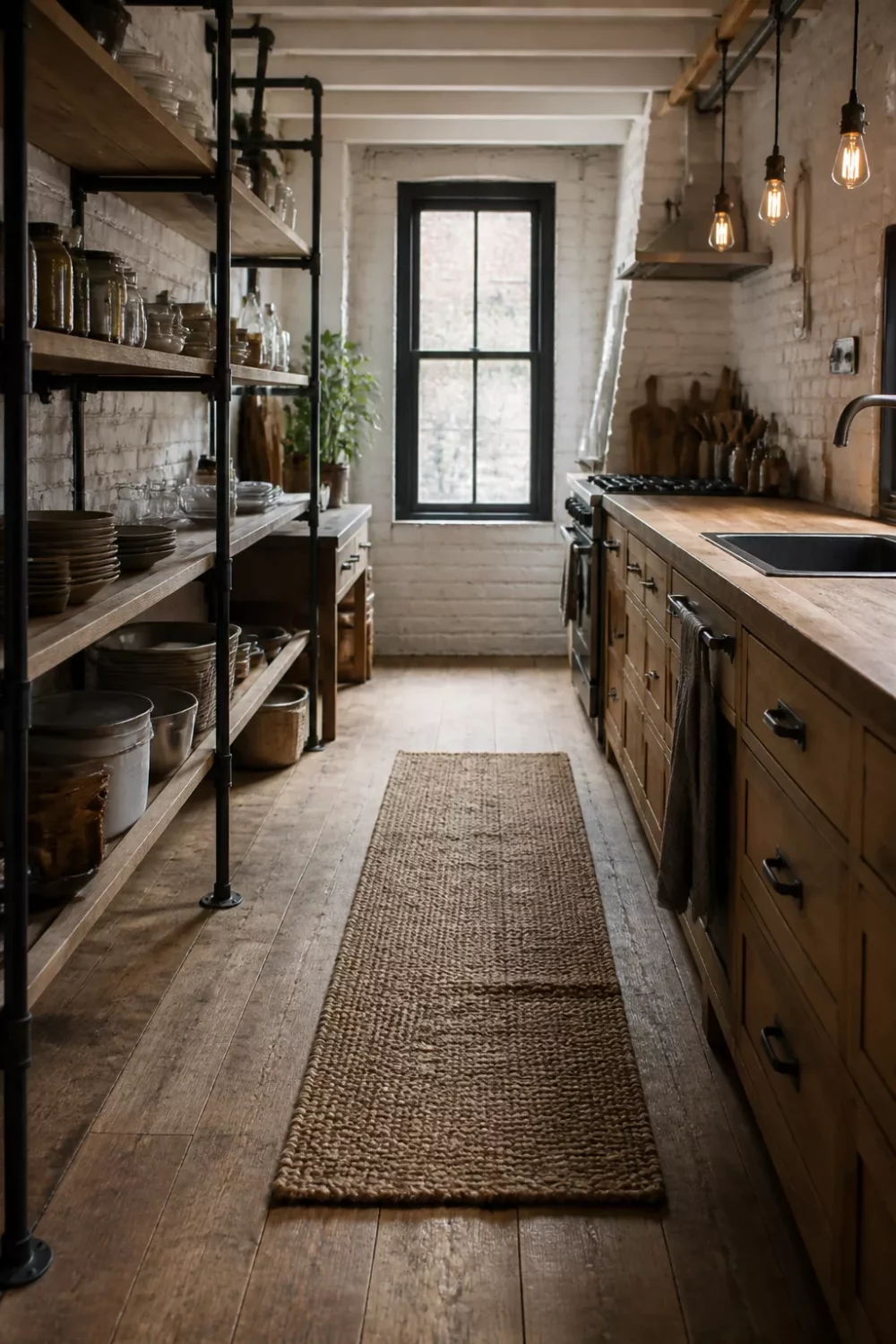 Rustic industrial kitchen design with iron pipe shelving, jute runner, whitewashed brick, and warm wood cabinets in a narrow galley