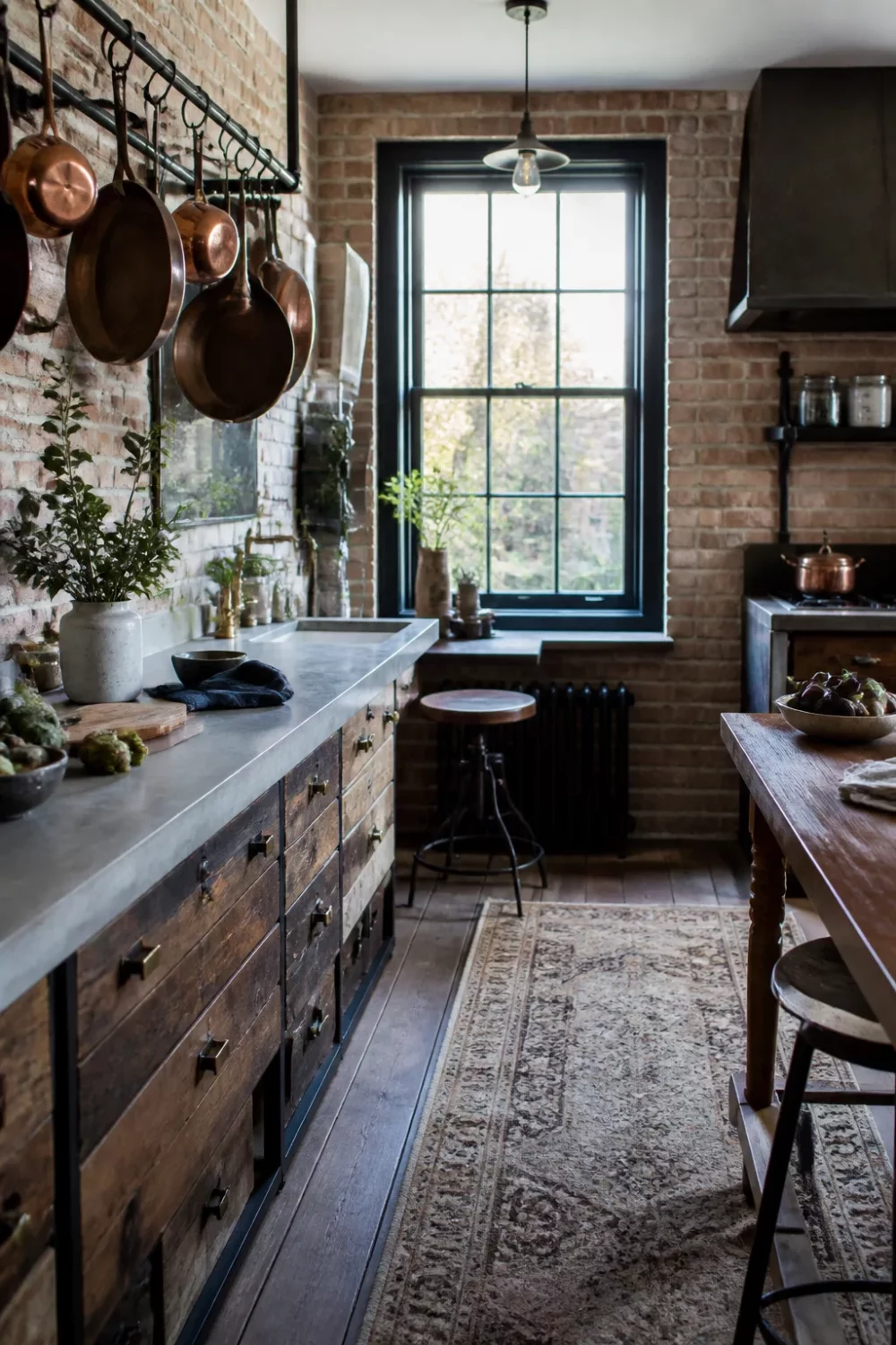 Rustic industrial kitchen design with copper pot rack, zinc countertops, and mixed metal hardware on wood cabinetry