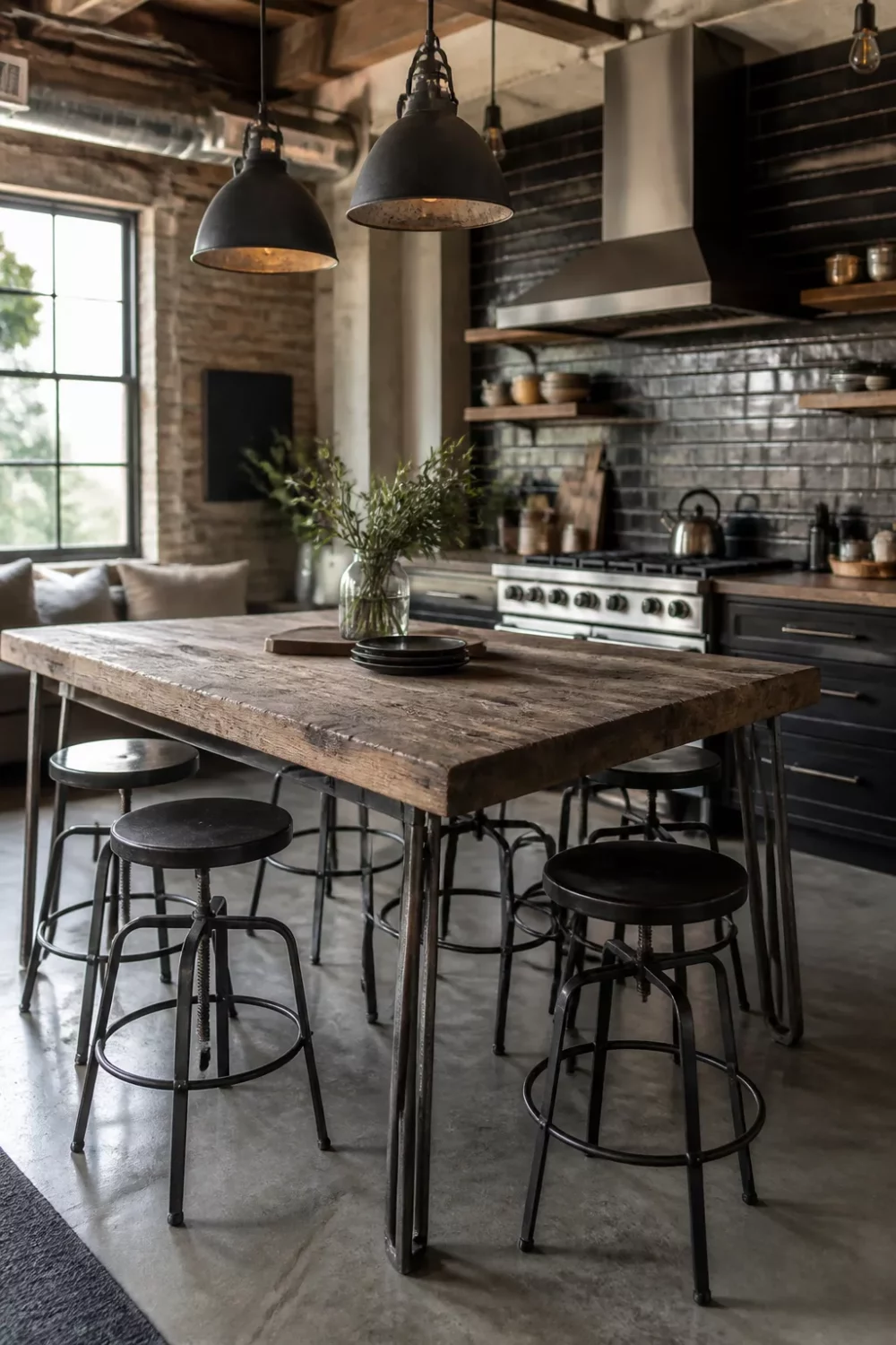 Rustic industrial kitchen design with reclaimed wood dining table, iron stools, black pendants, and dark subway tile backsplash.