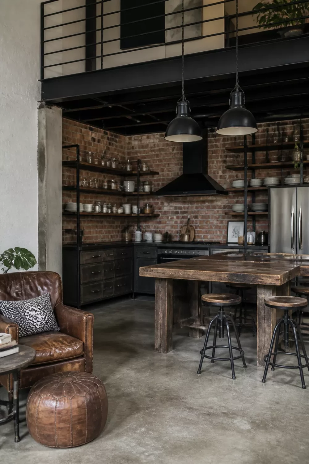 Rustic industrial kitchen design with steel mezzanine, concrete floors, black pendants, and exposed brick walls in a loft space.
