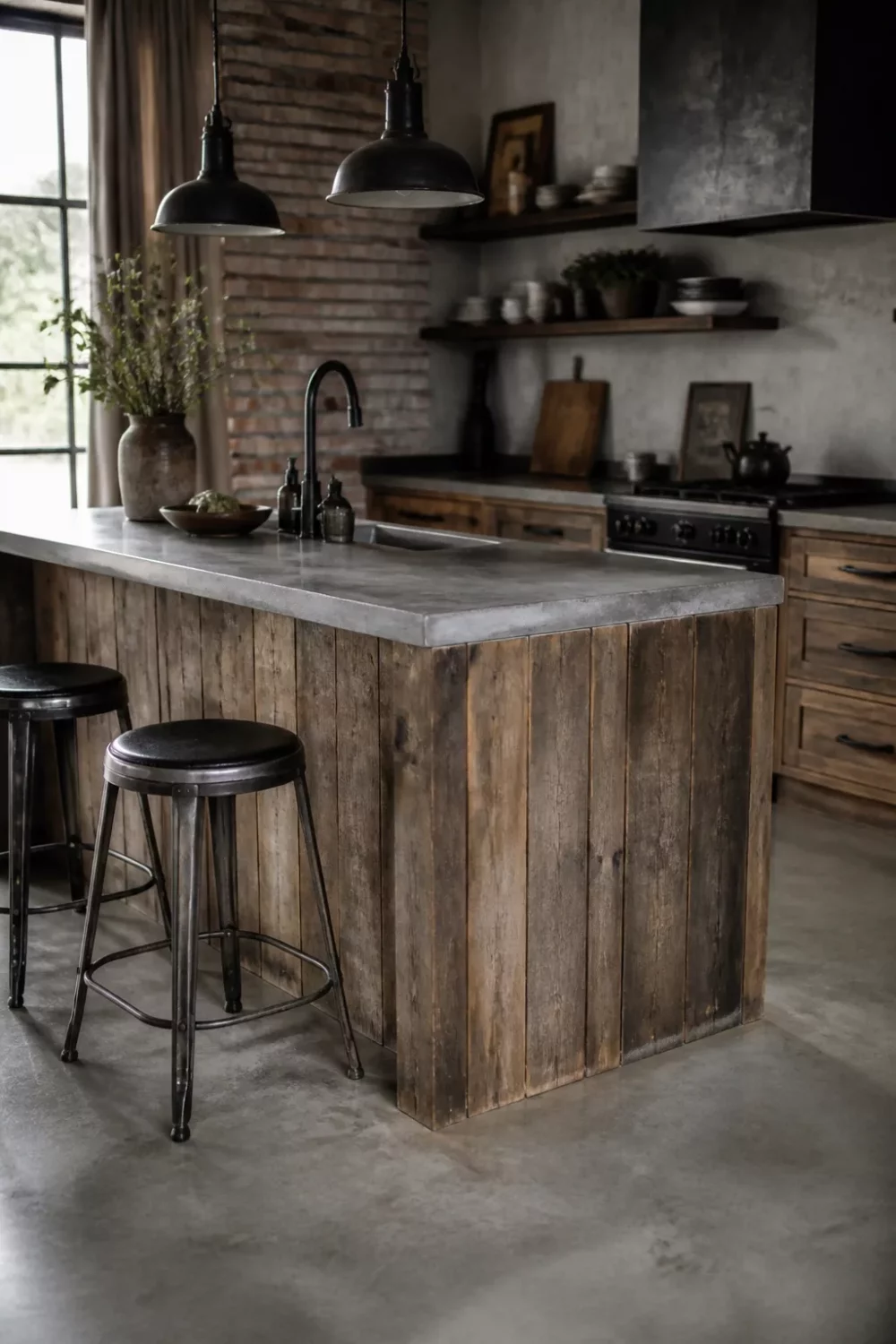 Rustic industrial kitchen design with vertical reclaimed plank island cladding, concrete countertop, and black industrial pendants