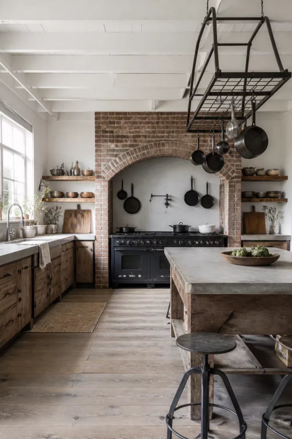 Rustic industrial kitchen design with arched brick alcove framing a black range and open wood shelving