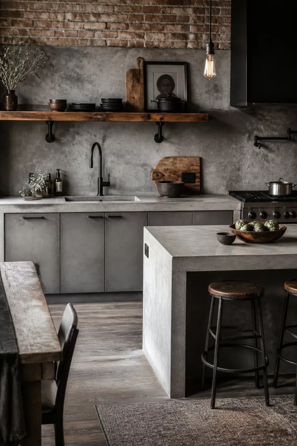 Rustic industrial kitchen design with concrete sink wall, warm wood floating shelf, and matte black hardware.