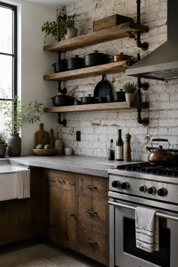 Rustic industrial kitchen design with concrete countertops, reclaimed wood shelves on black pipe brackets, and whitewashed brick wall.