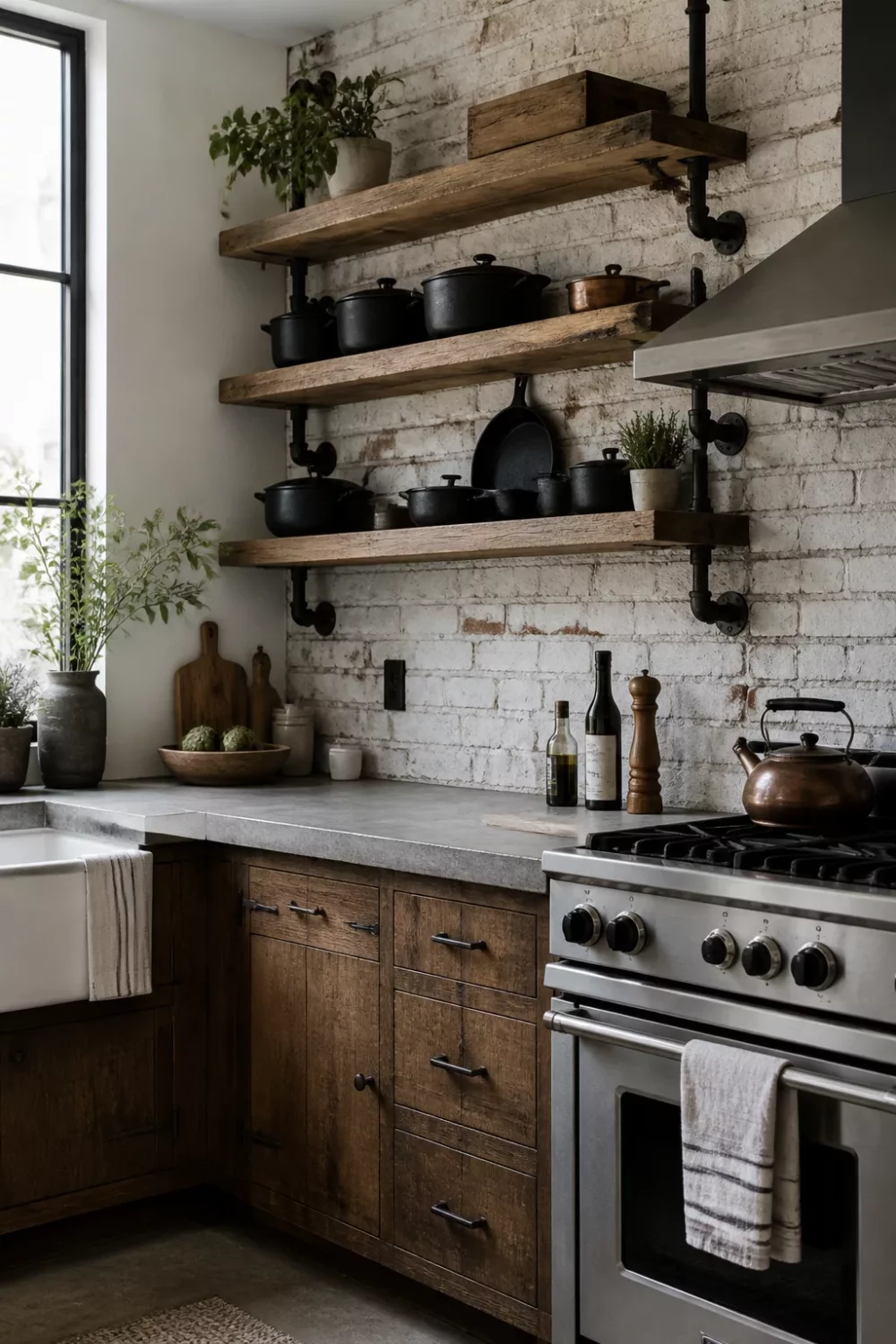 Rustic industrial kitchen design with concrete countertops, reclaimed wood shelves on black pipe brackets, and whitewashed brick wall.