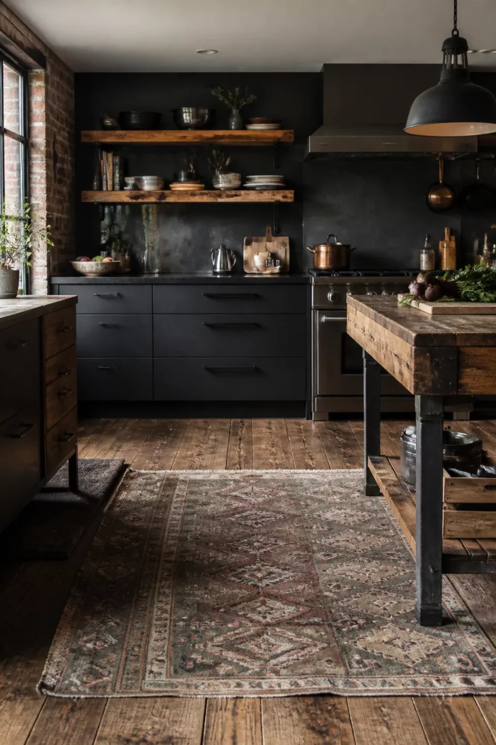 Rustic industrial kitchen design with matte black cabinets, raw wood island, and worn plank floors