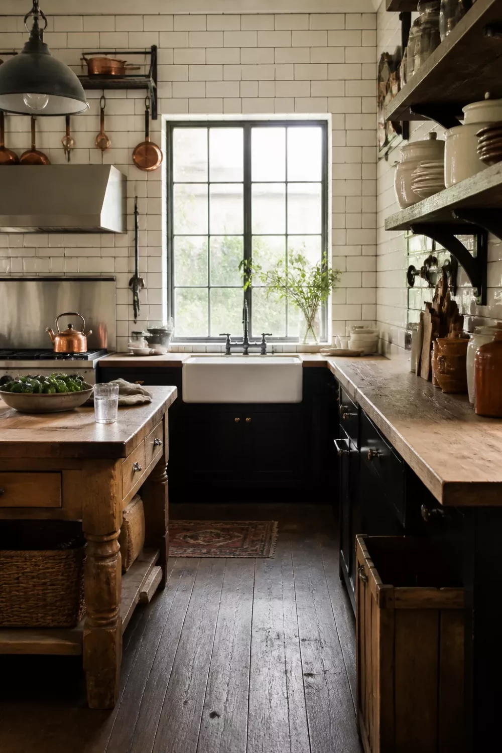 Rustic industrial kitchen design with white subway tile, copper cookware, farmhouse sink, and dark cabinetry