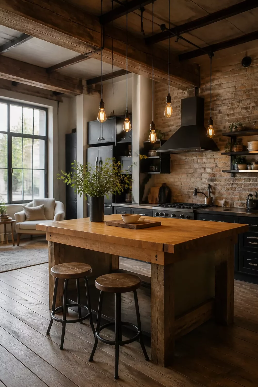Rustic industrial kitchen design with raw wood ceiling beams, Edison bulb pendants, and butcher-block island.