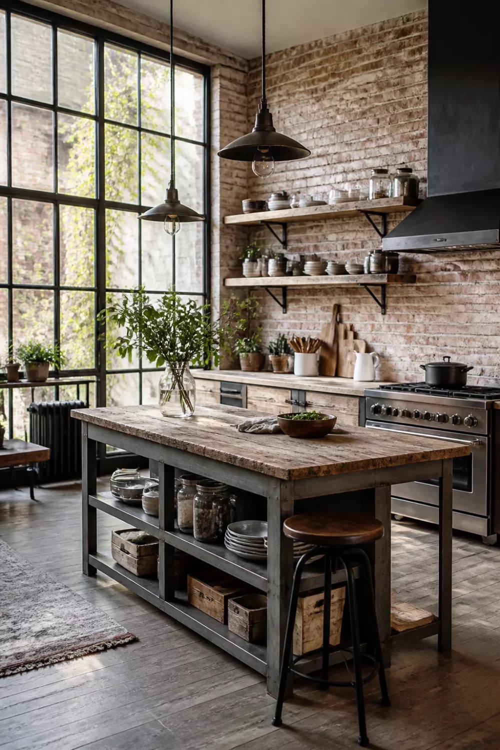 Rustic industrial kitchen design with steel factory windows, reclaimed wood island, and exposed brick walls