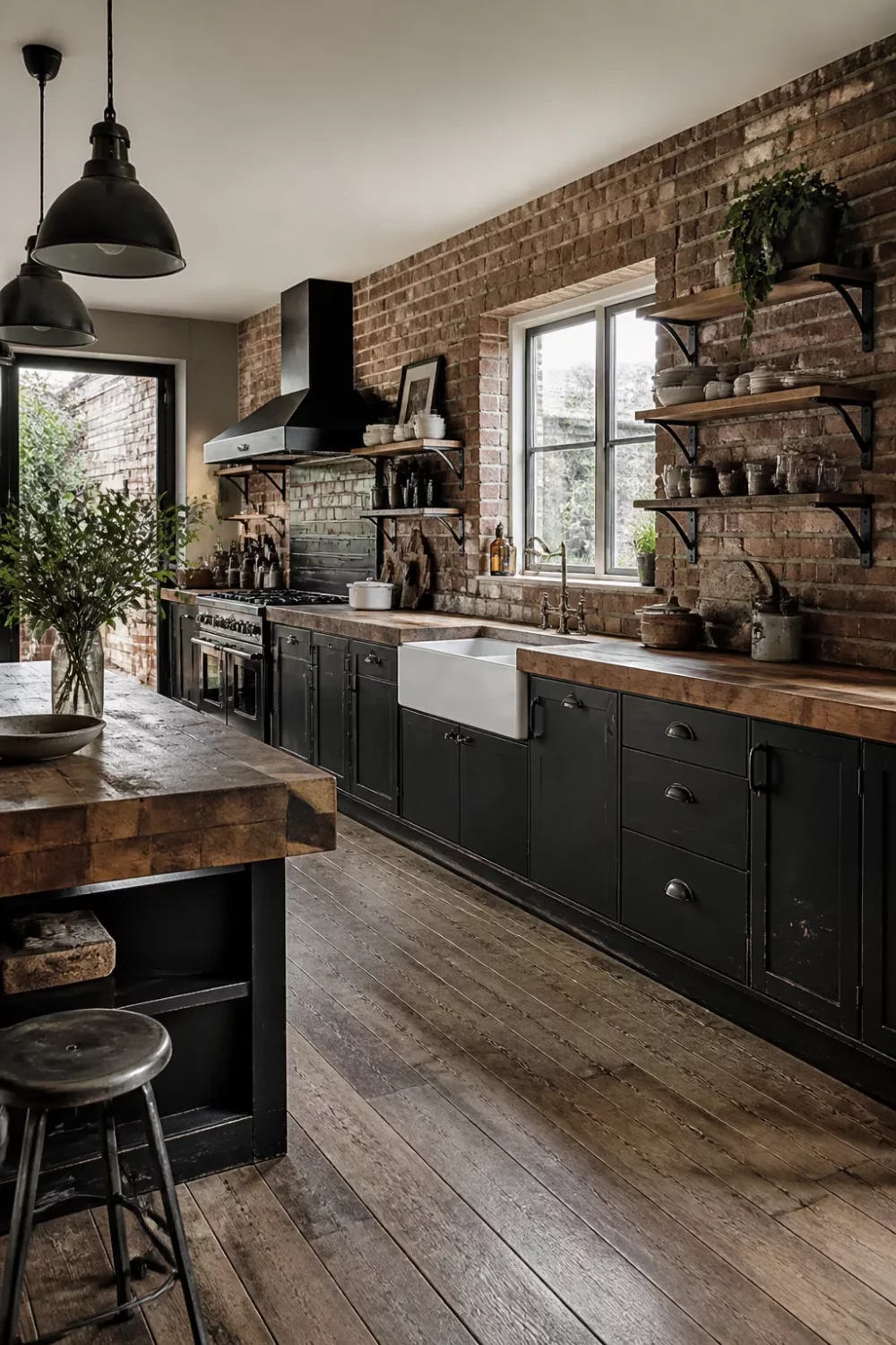 Butcher block countertops and farmhouse sink in a rustic industrial kitchen design with black cabinets and exposed brick