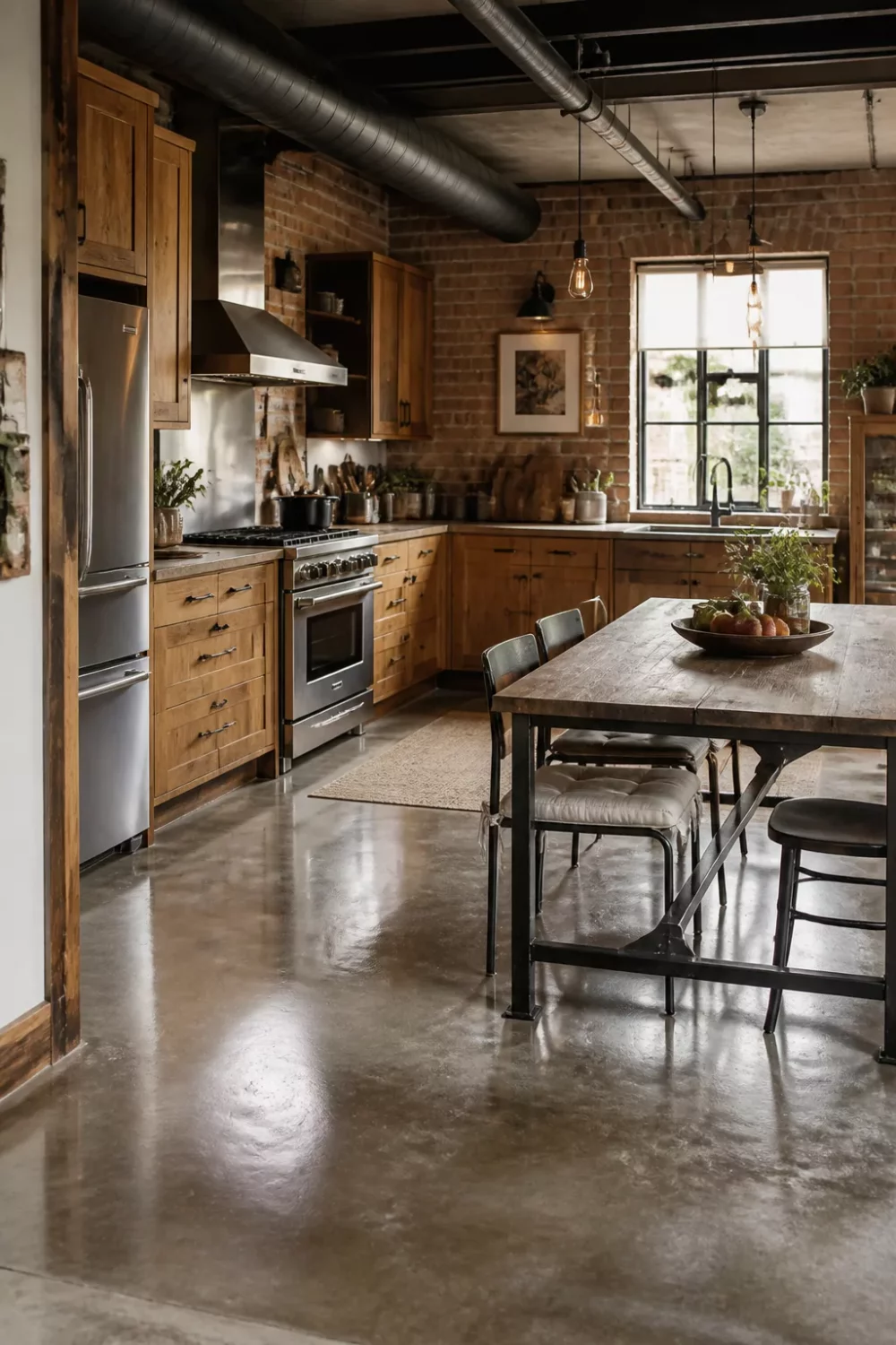 Rustic industrial kitchen design with polished concrete floor, warm wood cabinets, and exposed ductwork overhead.