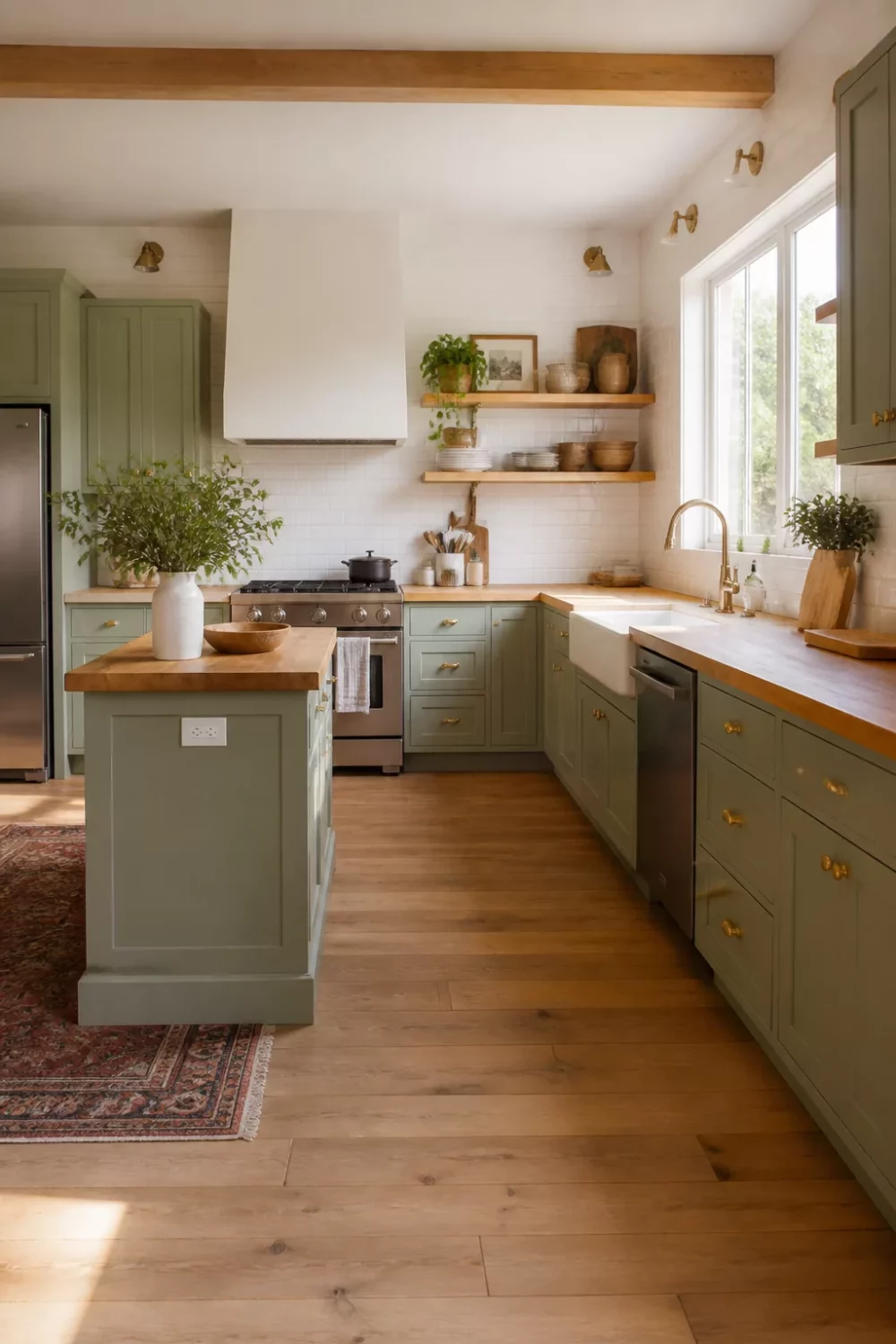 Sage green kitchen cabinets with gold brass knobs, butcher block counters, white subway tiles, and wood floors