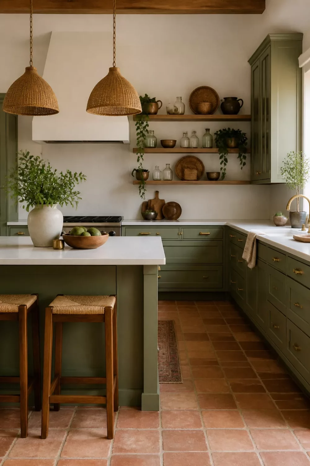 Sage green kitchen cabinets with gold hardware, rattan pendant lights, and terracotta tile floor